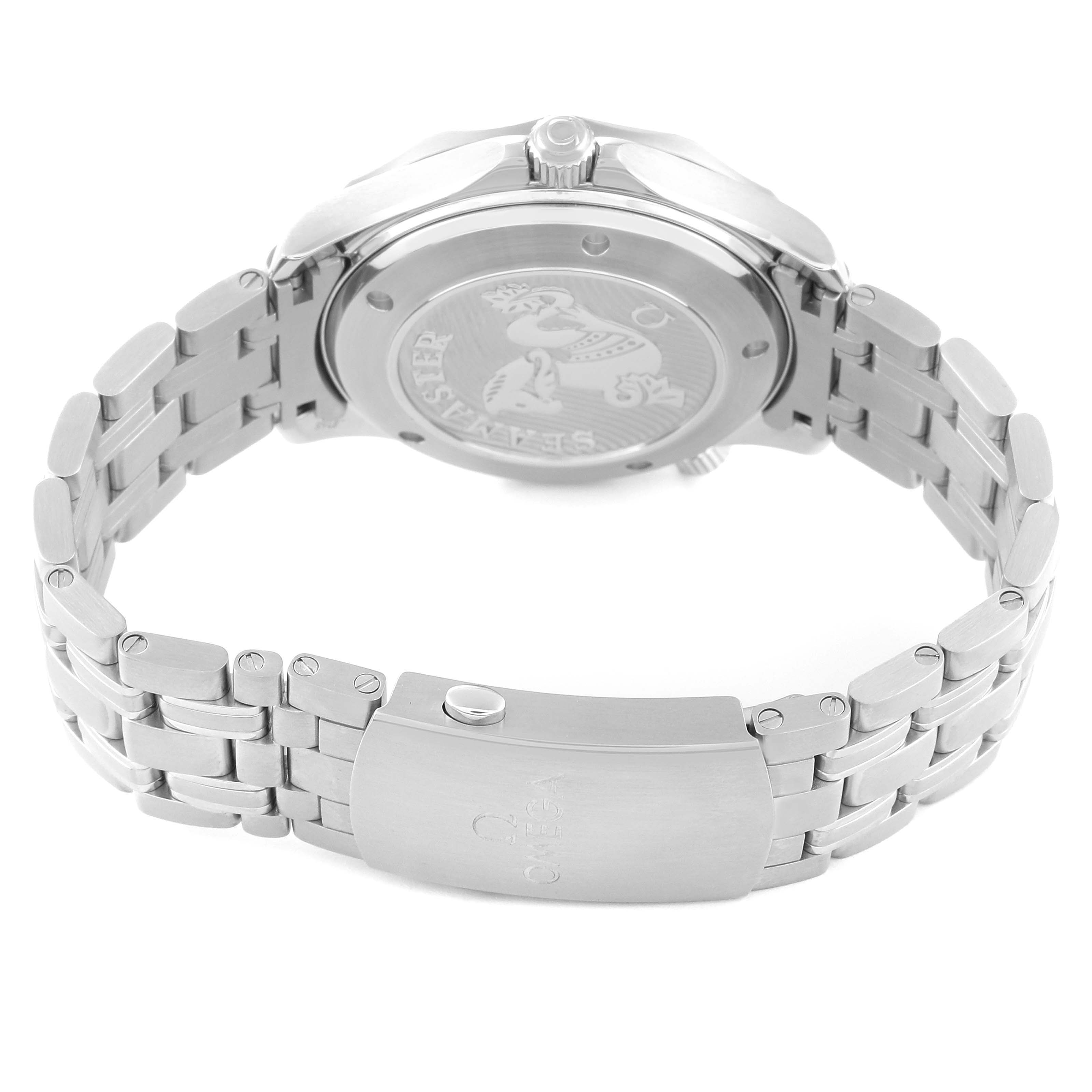 The image shows the back case and bracelet clasp of an Omega Seamaster 212.30.41.20.03.001 Men
s Stainless Steel Blue Dial 212.30.41.20.03.001 Men
s Stainless Steel Blue Dial watch from a rear angle.