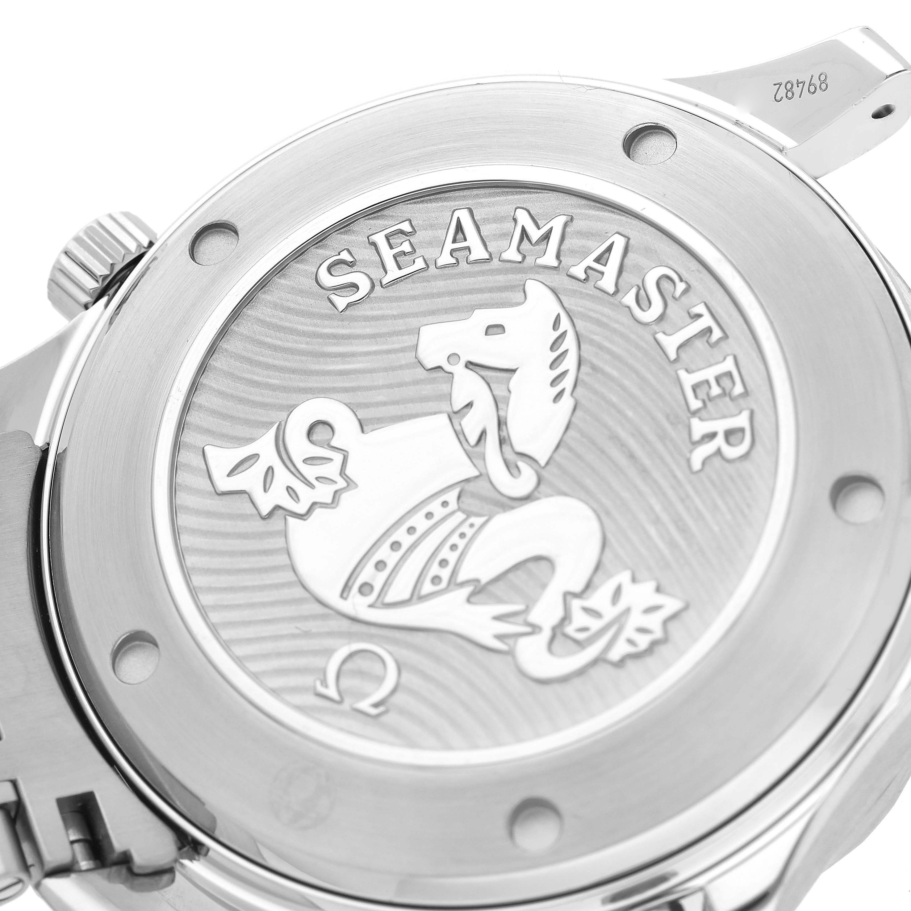 The image shows the back case of the Omega Seamaster 212.30.41.20.03.001 Men
s Stainless Steel Blue Dial 212.30.41.20.03.001 Men
s Stainless Steel Blue Dial watch, highlighting its detailed engraving and brand logo.