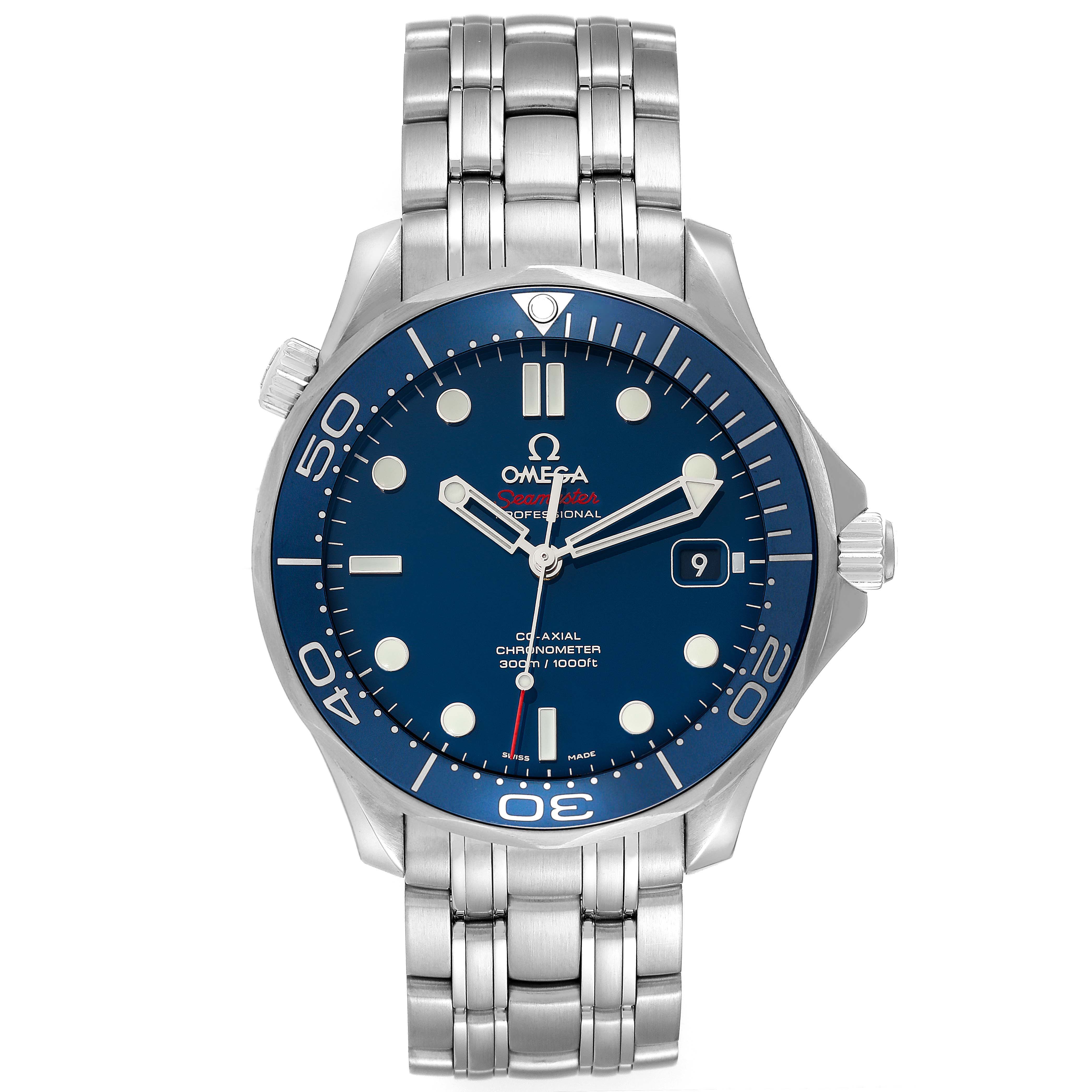 The image shows a front view of an Omega Seamaster 212.30.41.20.03.001 Men
s Stainless Steel Blue Dial 212.30.41.20.03.001 Men
s Stainless Steel Blue Dial watch with a blue dial and a stainless steel bracelet.