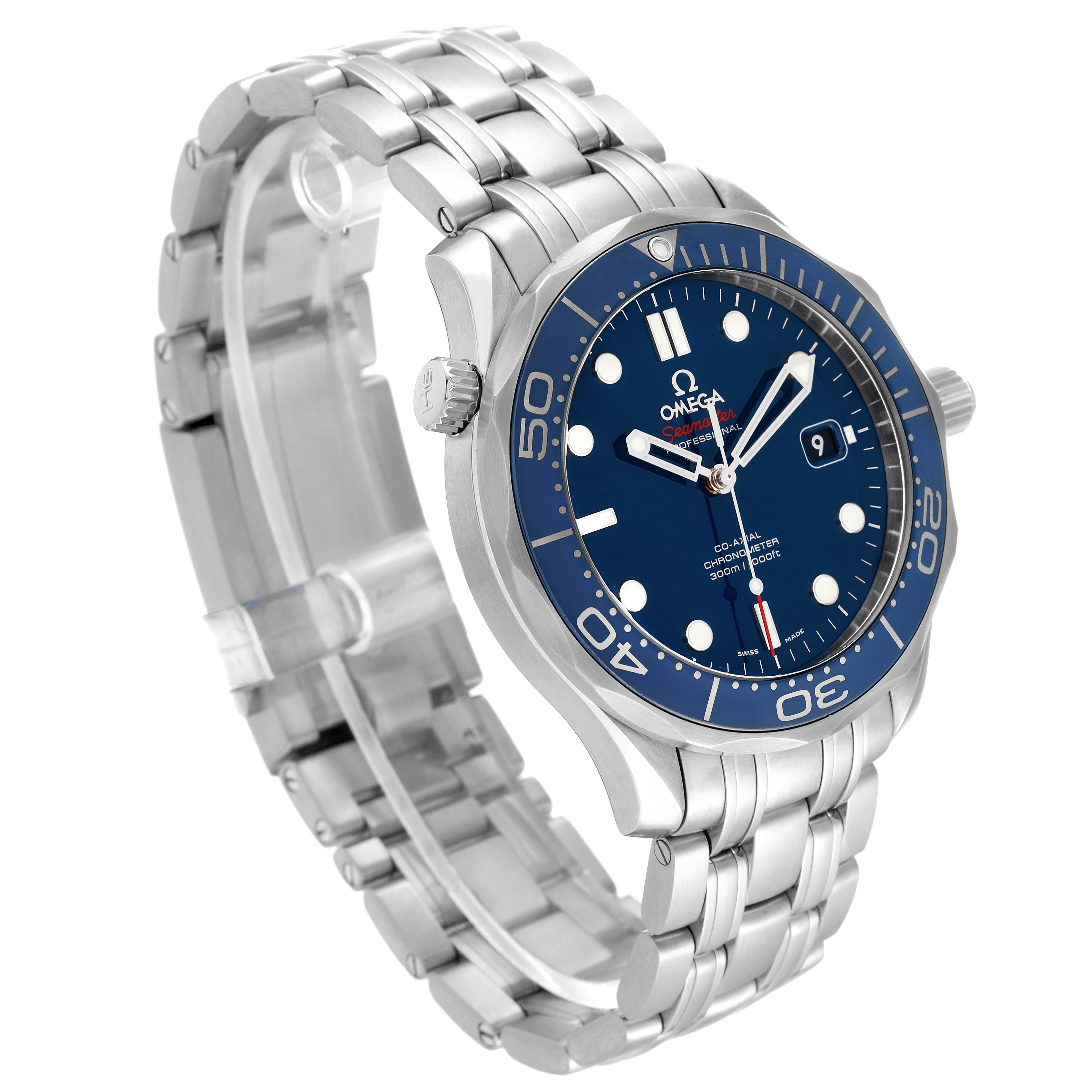 The Omega Seamaster 212.30.41.20.03.001 Men
s Stainless Steel Blue Dial 212.30.41.20.03.001 Men
s Stainless Steel Blue Dial watch is shown from a three-quarter angle, highlighting the face, bezel, and steel bracelet.