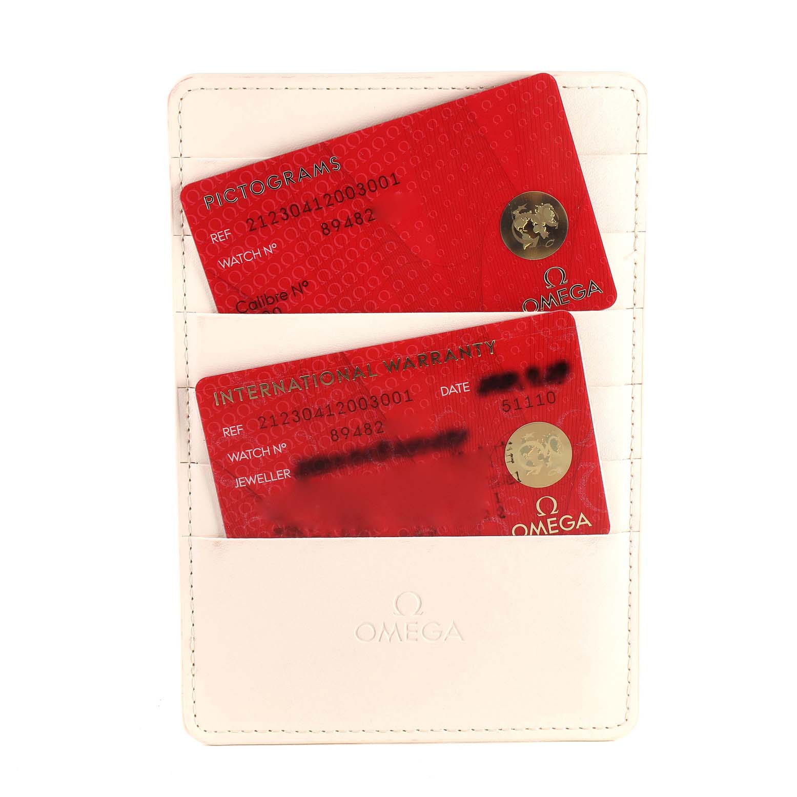 The image shows warranty and pictogram cards in a white cardholder for the Omega Seamaster 212.30.41.20.03.001 Men
s Stainless Steel Blue Dial 212.30.41.20.03.001 Men
s Stainless Steel Blue Dial watch.