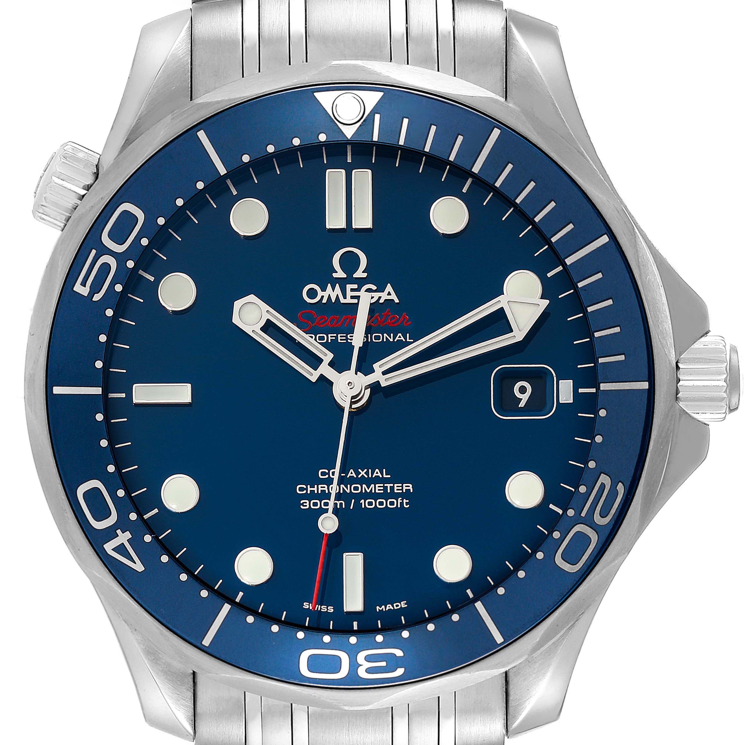 This image shows a front view of the Omega Seamaster 212.30.41.20.03.001 Men
s Stainless Steel Blue Dial 212.30.41.20.03.001 Men
s Stainless Steel Blue Dial watch, highlighting its dial, hands, bezel, and crown.