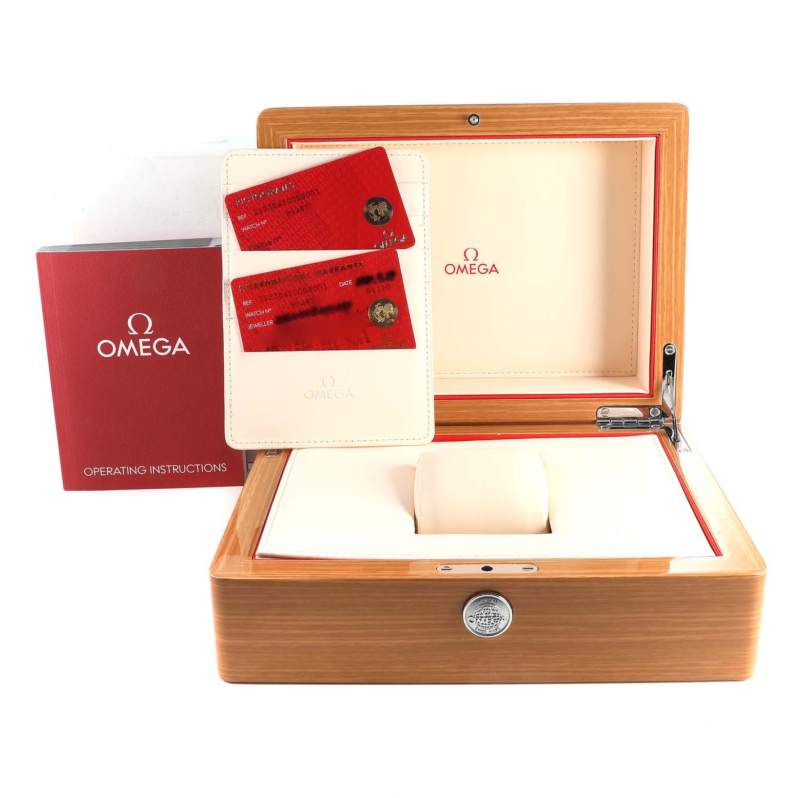 This image shows the Omega Seamaster 212.30.41.20.03.001 Men
s Stainless Steel Blue Dial 212.30.41.20.03.001 Men
s Stainless Steel Blue Dial watch case, operating instructions, warranty cards, and the watch box from a front-angle view.