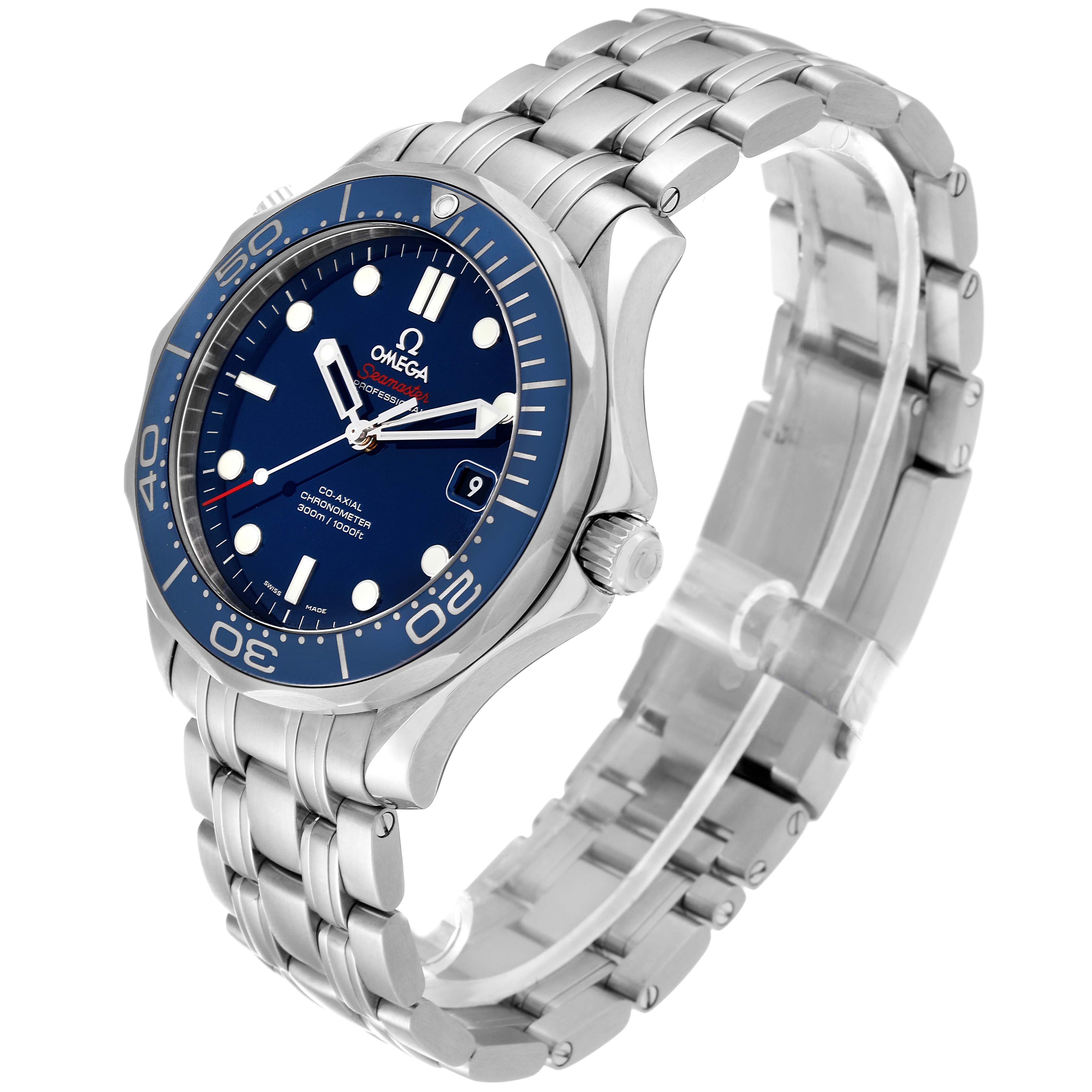 This image displays a side angled view of the Omega Seamaster 212.30.41.20.03.001 Men
s Stainless Steel Blue Dial 212.30.41.20.03.001 Men
s Stainless Steel Blue Dial watch showing the dial, bezel, crown, and part of the bracelet.