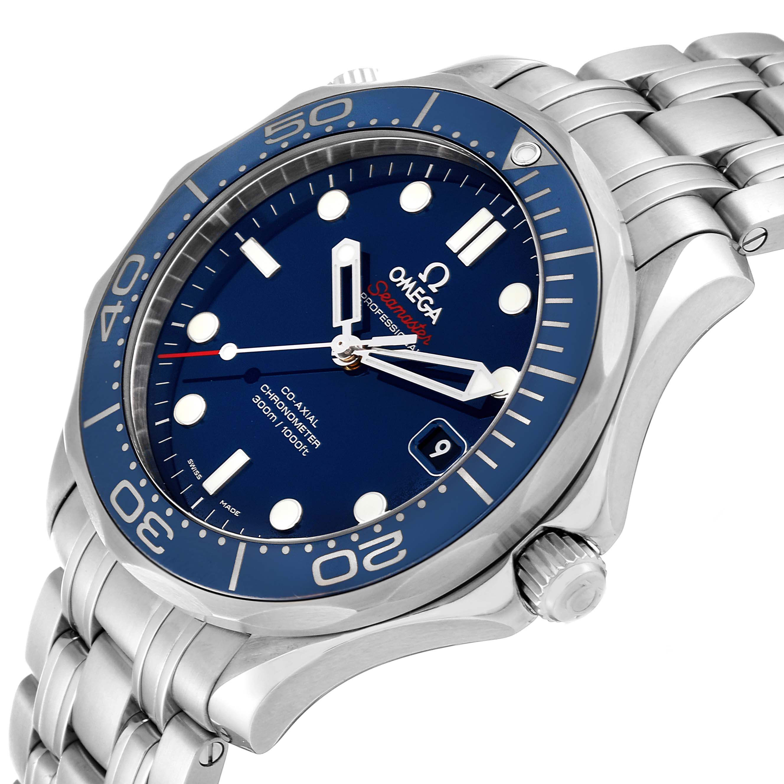 The Omega Seamaster 212.30.41.20.03.001 Men
s Stainless Steel Blue Dial 212.30.41.20.03.001 Men
s Stainless Steel Blue Dial watch is shown at an angled close-up, highlighting its dial, bezel, bracelet, and crown.
