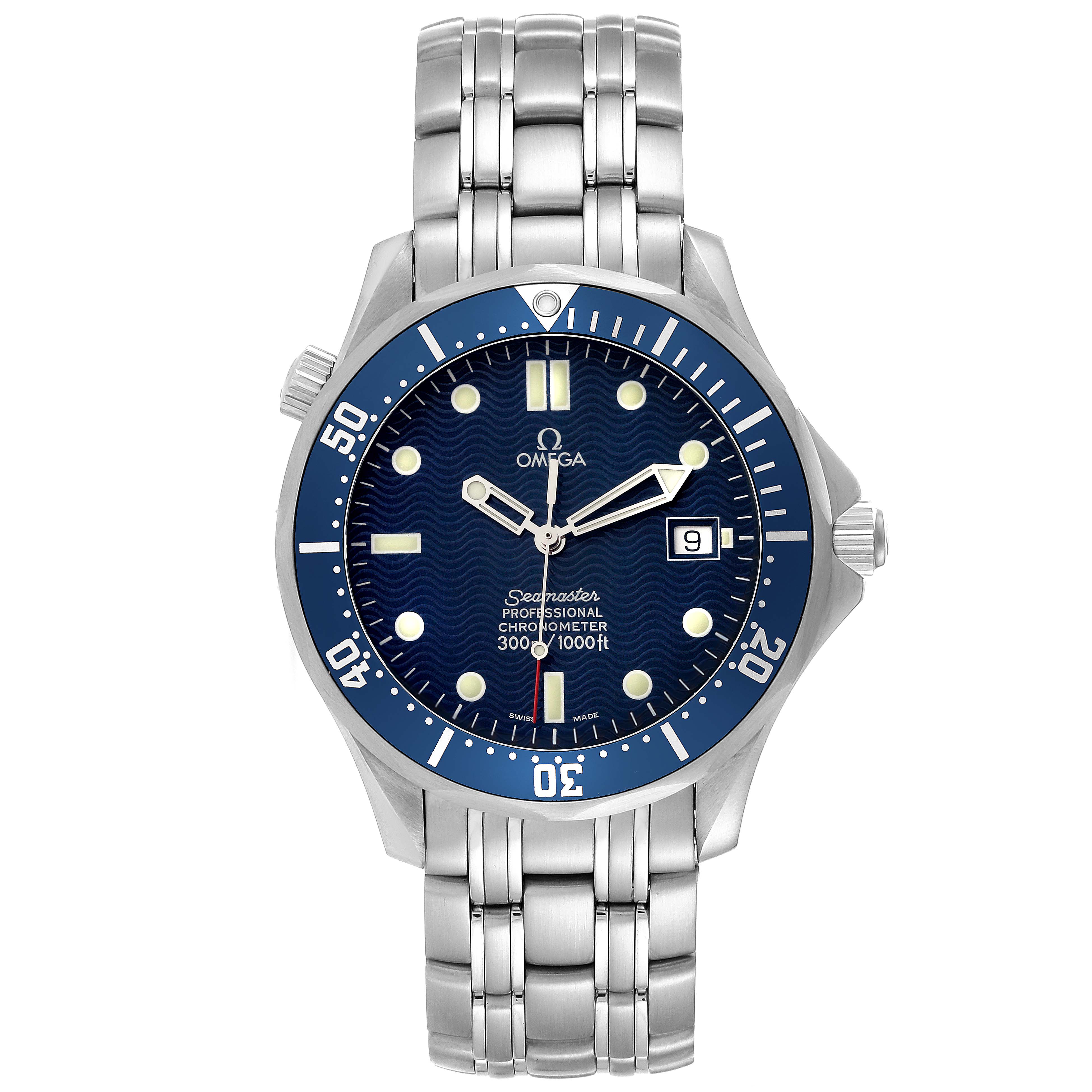 The image shows a front view of an Omega Seamaster 2531.80.00 Men
s Stainless Steel Blue Dial 2531.80.00 Men
s Stainless Steel Blue Dial watch, displaying its face, bezel, and stainless steel bracelet.