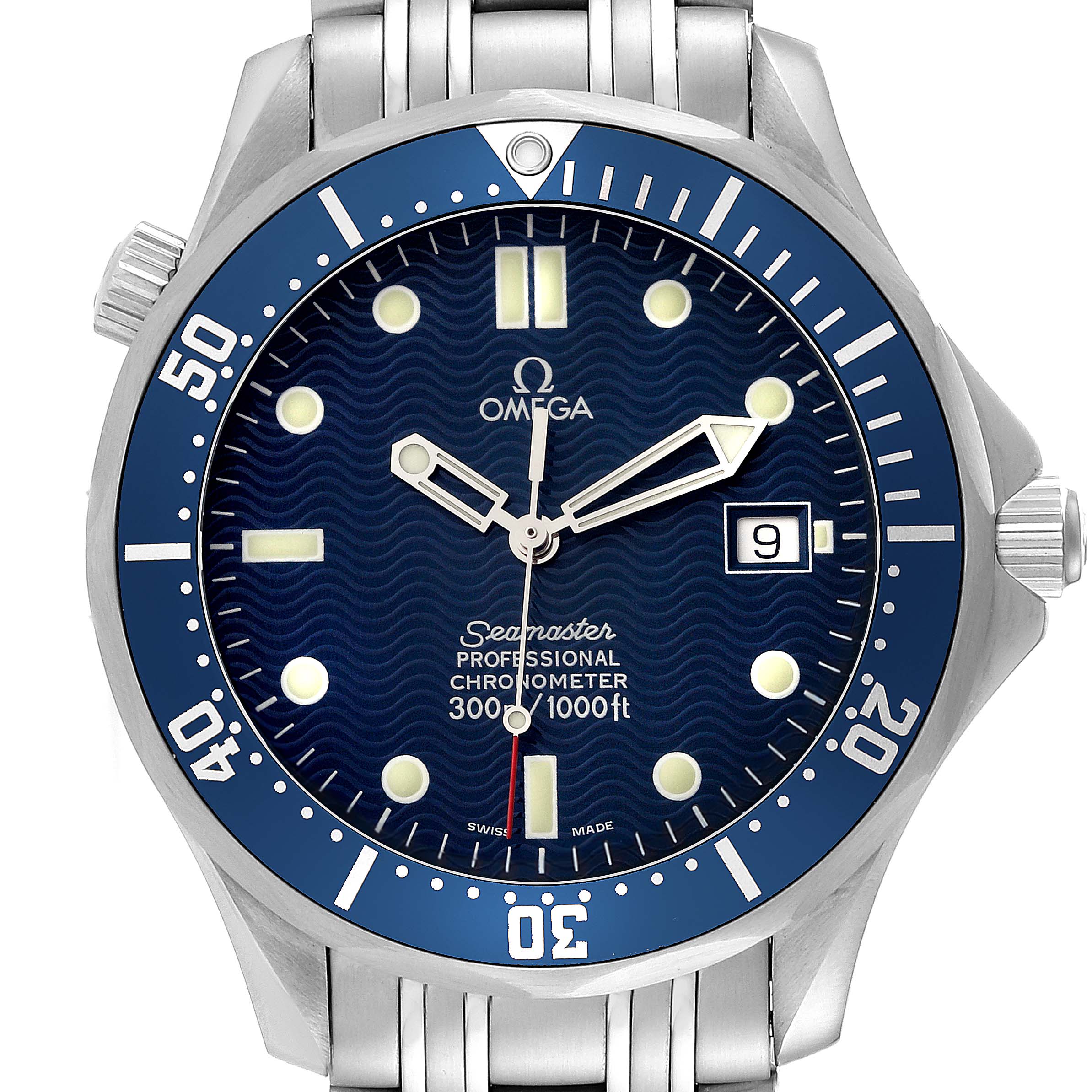 The image shows a front view of an Omega Seamaster 2531.80.00 Men
s Stainless Steel Blue Dial 2531.80.00 Men
s Stainless Steel Blue Dial watch, highlighting the dial, bezel, and part of the bracelet.