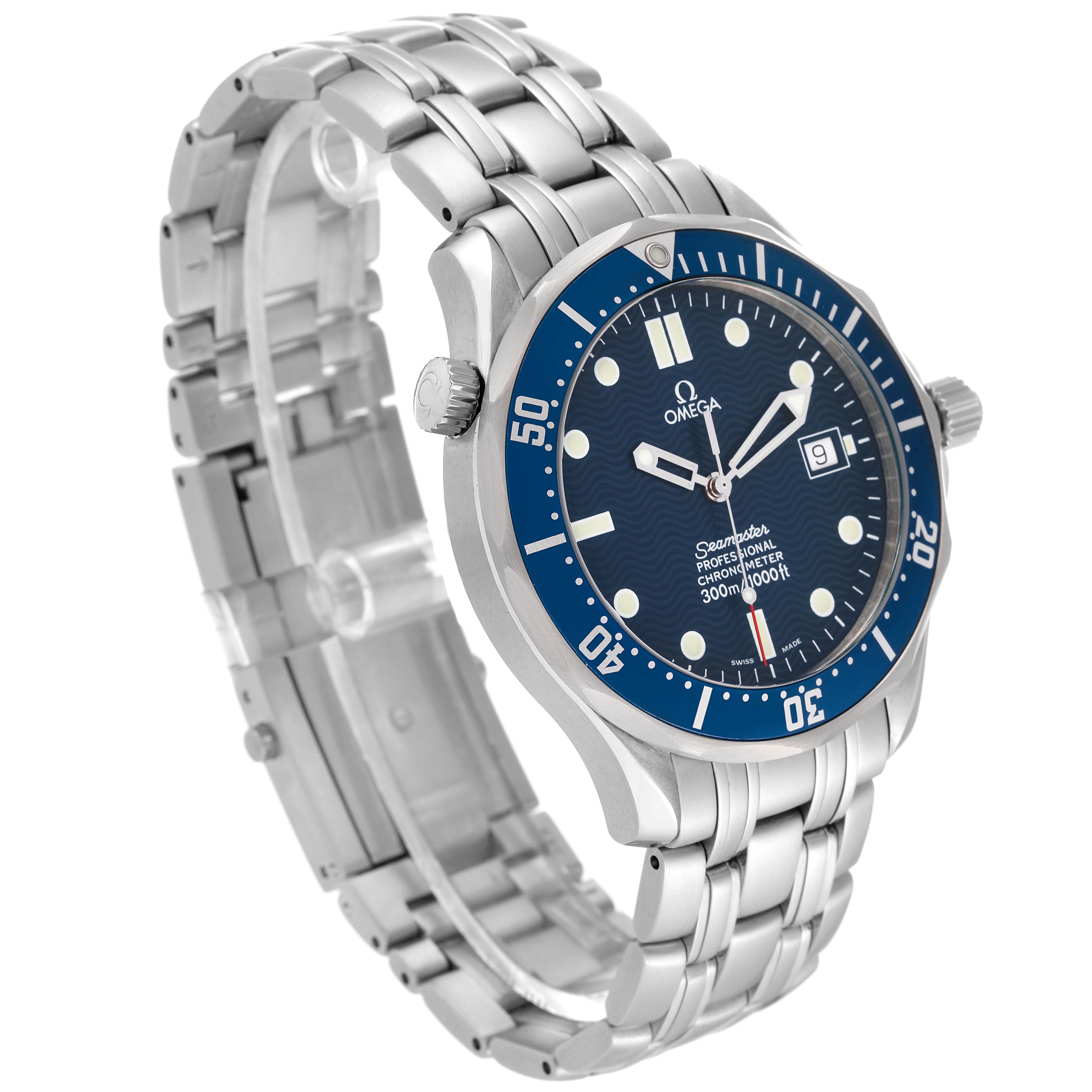 The Omega Seamaster 2531.80.00 Men
s Stainless Steel Blue Dial 2531.80.00 Men
s Stainless Steel Blue Dial watch is shown at a slight angle displaying the bracelet, bezel, crown, and face details.