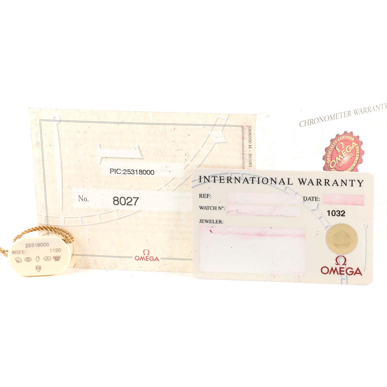 The image shows the international warranty card and tag for an Omega Seamaster 2531.80.00 Men
s Stainless Steel Blue Dial 2531.80.00 Men
s Stainless Steel Blue Dial watch.