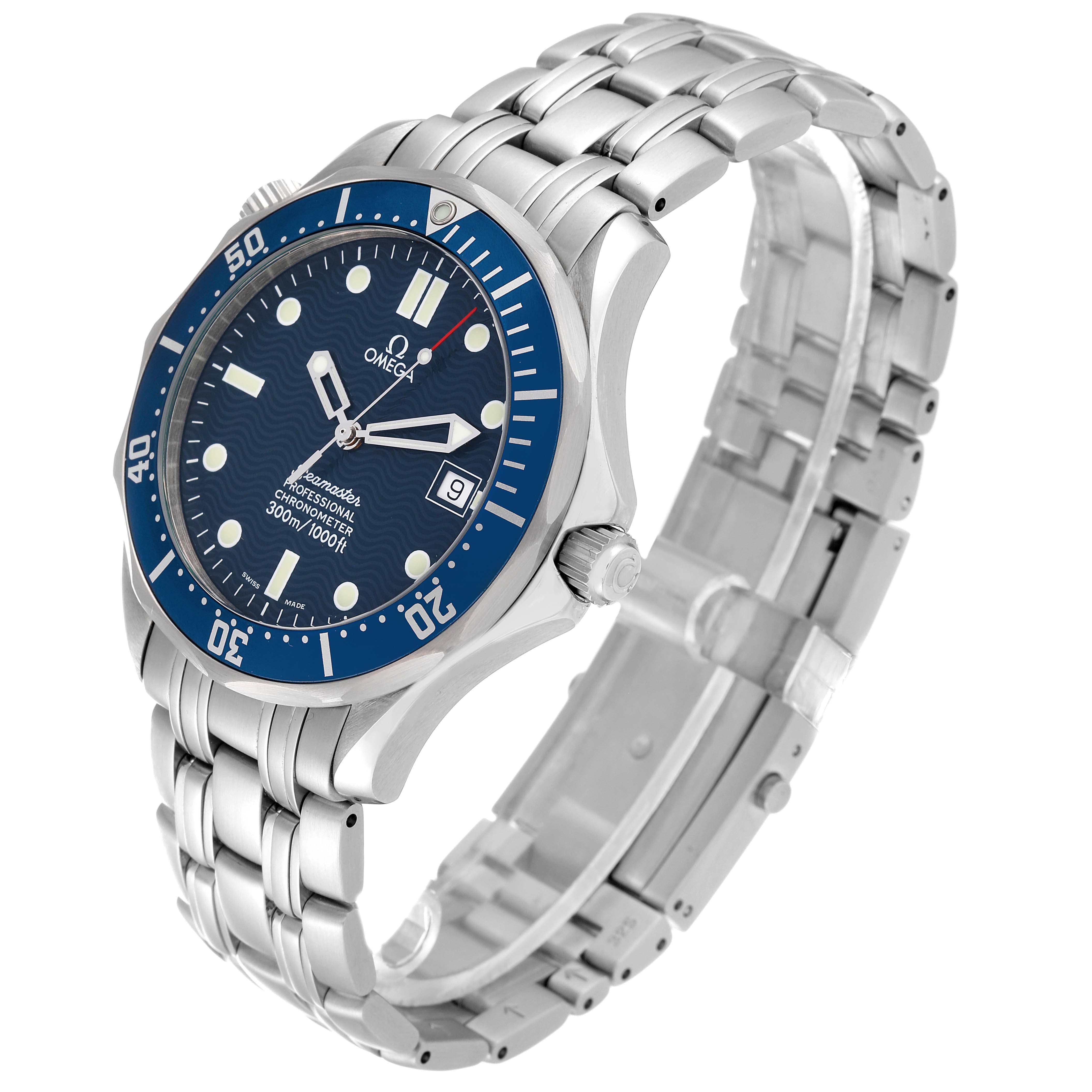 The image shows a side view of the Omega Seamaster 2531.80.00 Men
s Stainless Steel Blue Dial 2531.80.00 Men
s Stainless Steel Blue Dial watch, highlighting its blue dial, stainless steel case, bezel, and bracelet.