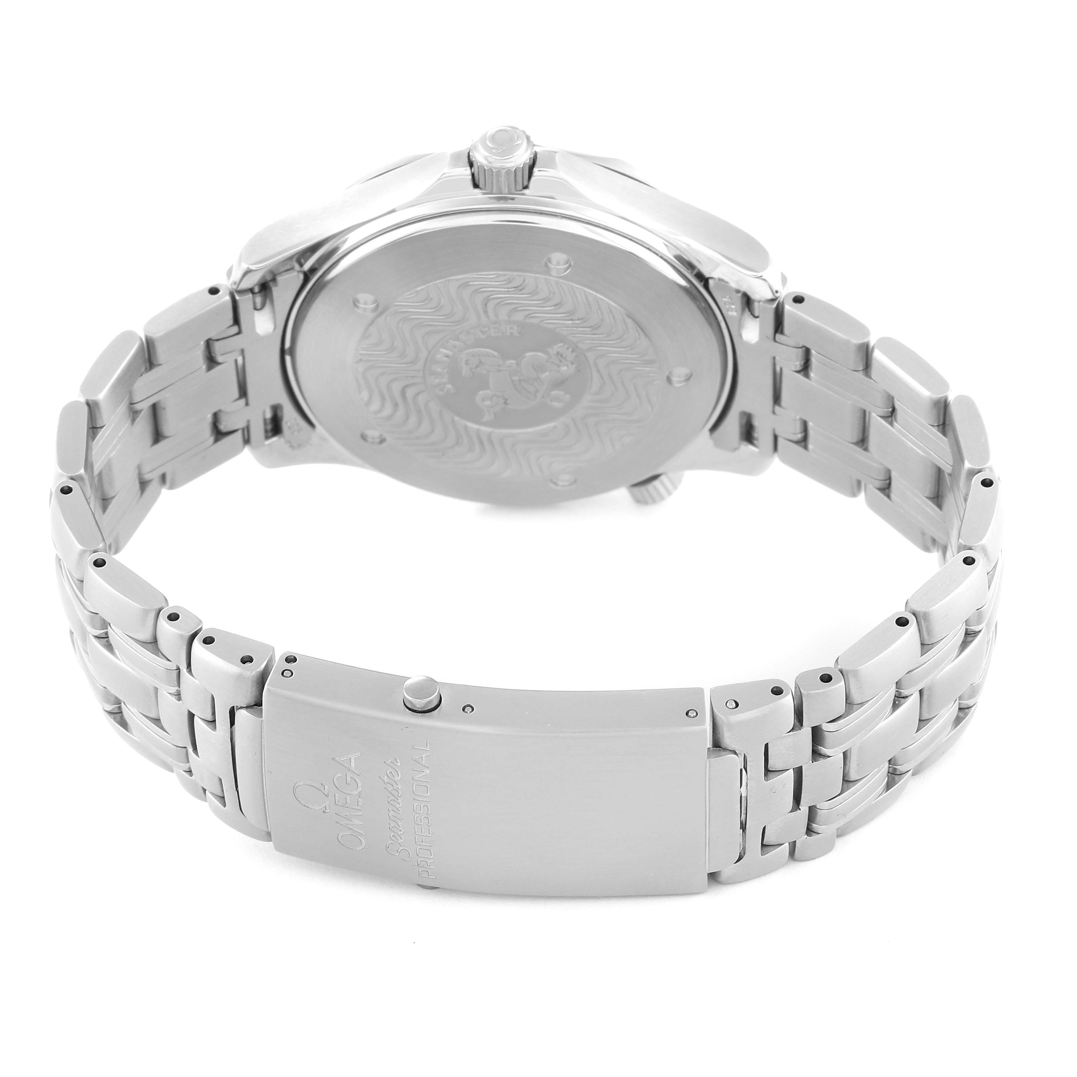 The image shows the back case and bracelet clasp of an Omega Seamaster 2531.80.00 Men
s Stainless Steel Blue Dial 2531.80.00 Men
s Stainless Steel Blue Dial watch from a rear angle.