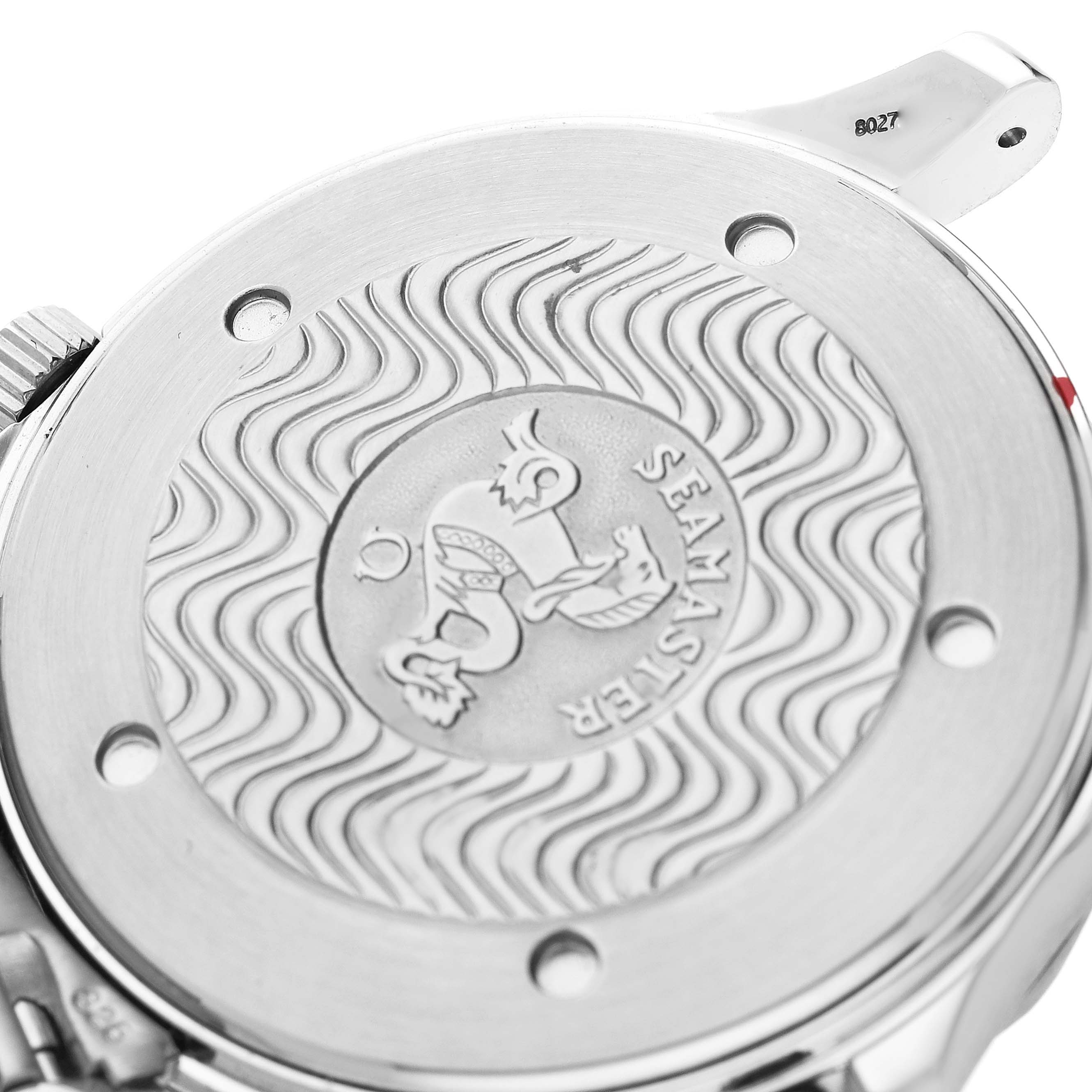 The image shows the case back of an Omega Seamaster 2531.80.00 Men
s Stainless Steel Blue Dial 2531.80.00 Men
s Stainless Steel Blue Dial watch from a close-up angle, highlighting the engraved design.