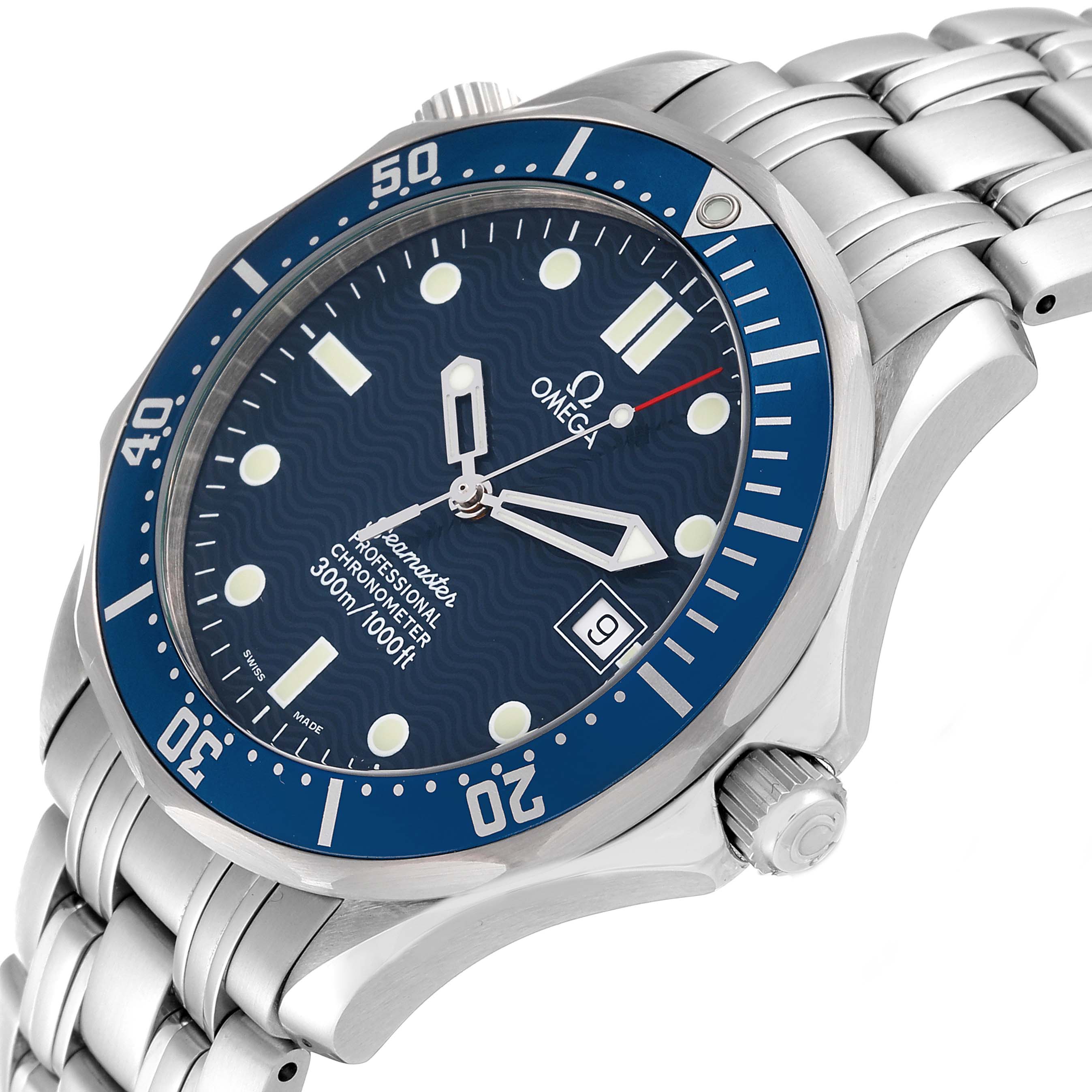 The image shows a side angle of the Omega Seamaster 2531.80.00 Men
s Stainless Steel Blue Dial 2531.80.00 Men
s Stainless Steel Blue Dial watch, highlighting the bezel, dial, crown, and part of the bracelet.