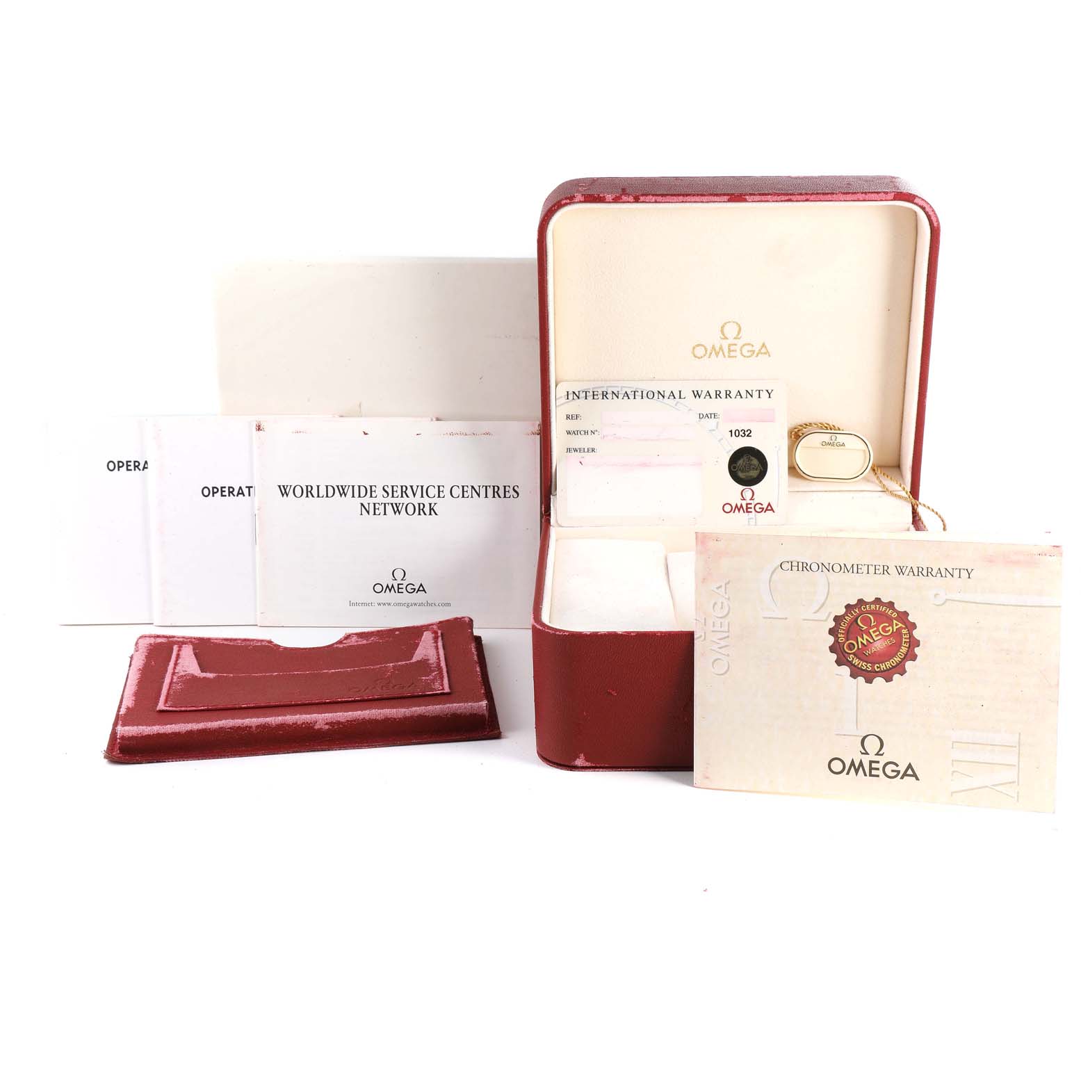 The image shows the packaging and documents for an Omega Seamaster 2531.80.00 Men
s Stainless Steel Blue Dial 2531.80.00 Men
s Stainless Steel Blue Dial watch, including warranty cards, manuals, and a red box.