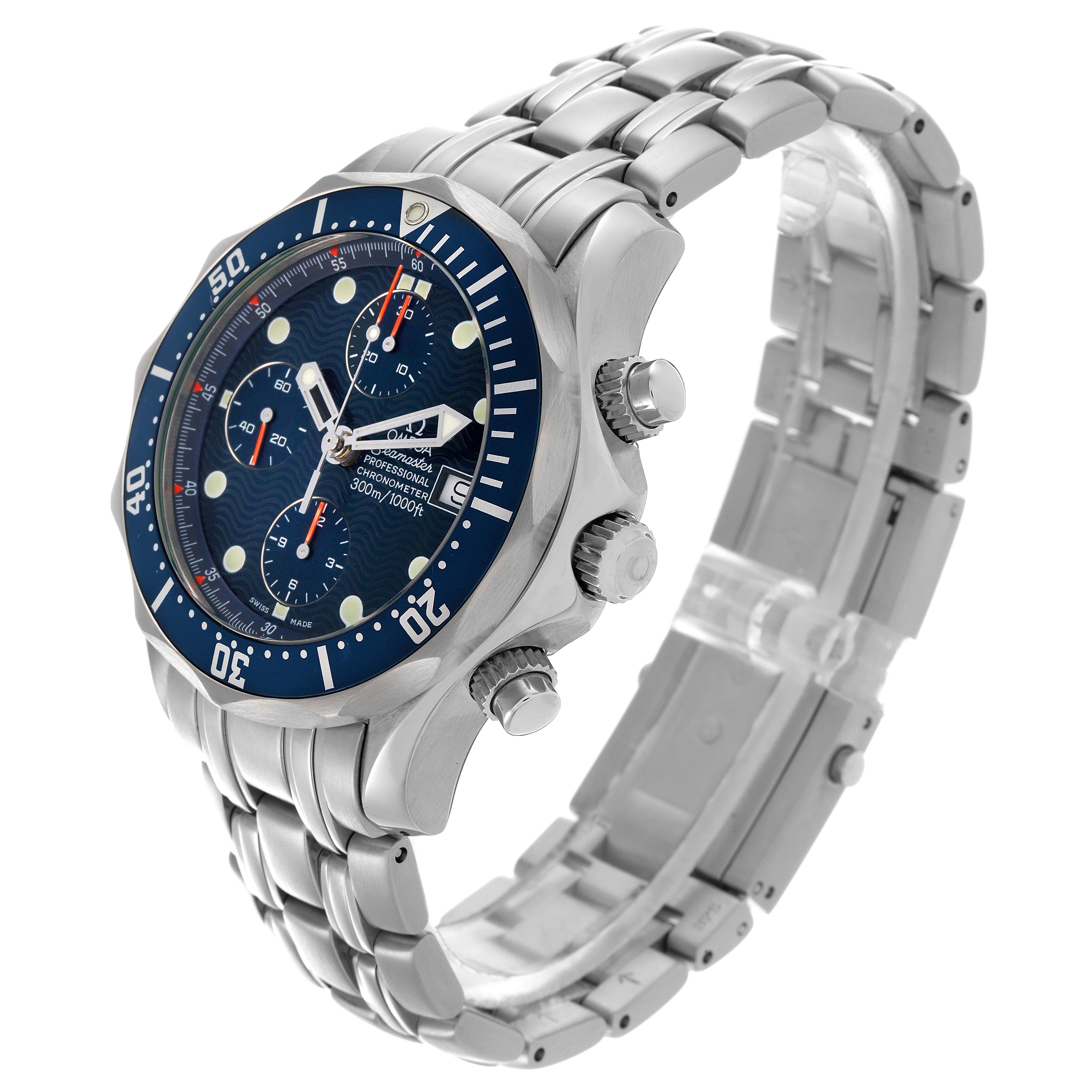The Omega Seamaster 2298.80.00 Men
s Stainless Steel Blue Dial 2298.80.00 Men
s Stainless Steel Blue Dial watch is shown at a three-quarter angle, highlighting the face, bezel, crown, and stainless steel bracelet.