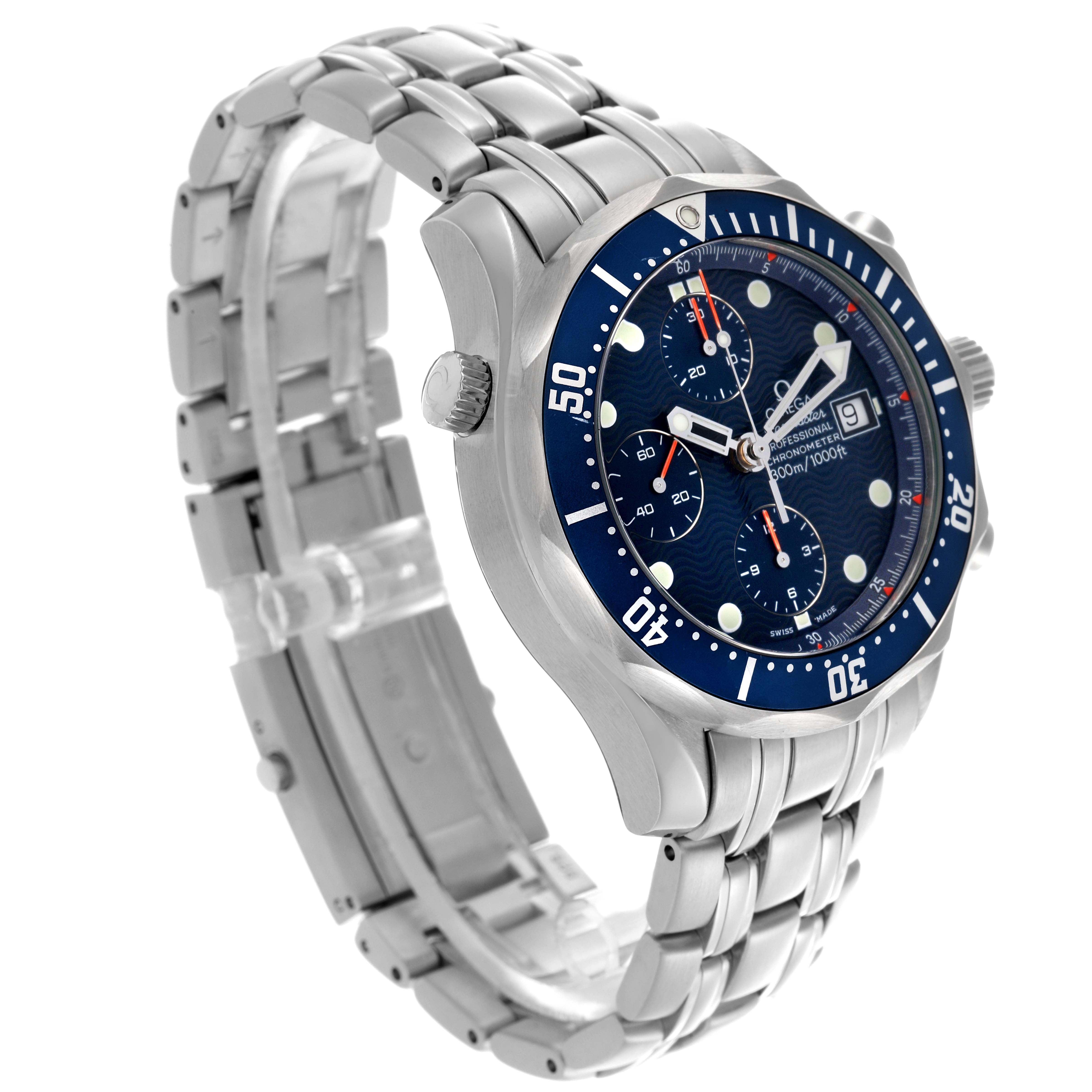The Omega Seamaster 2298.80.00 Men
s Stainless Steel Blue Dial 2298.80.00 Men
s Stainless Steel Blue Dial watch is shown at a three-quarter angle, displaying the face, bezel, crown, and bracelet.