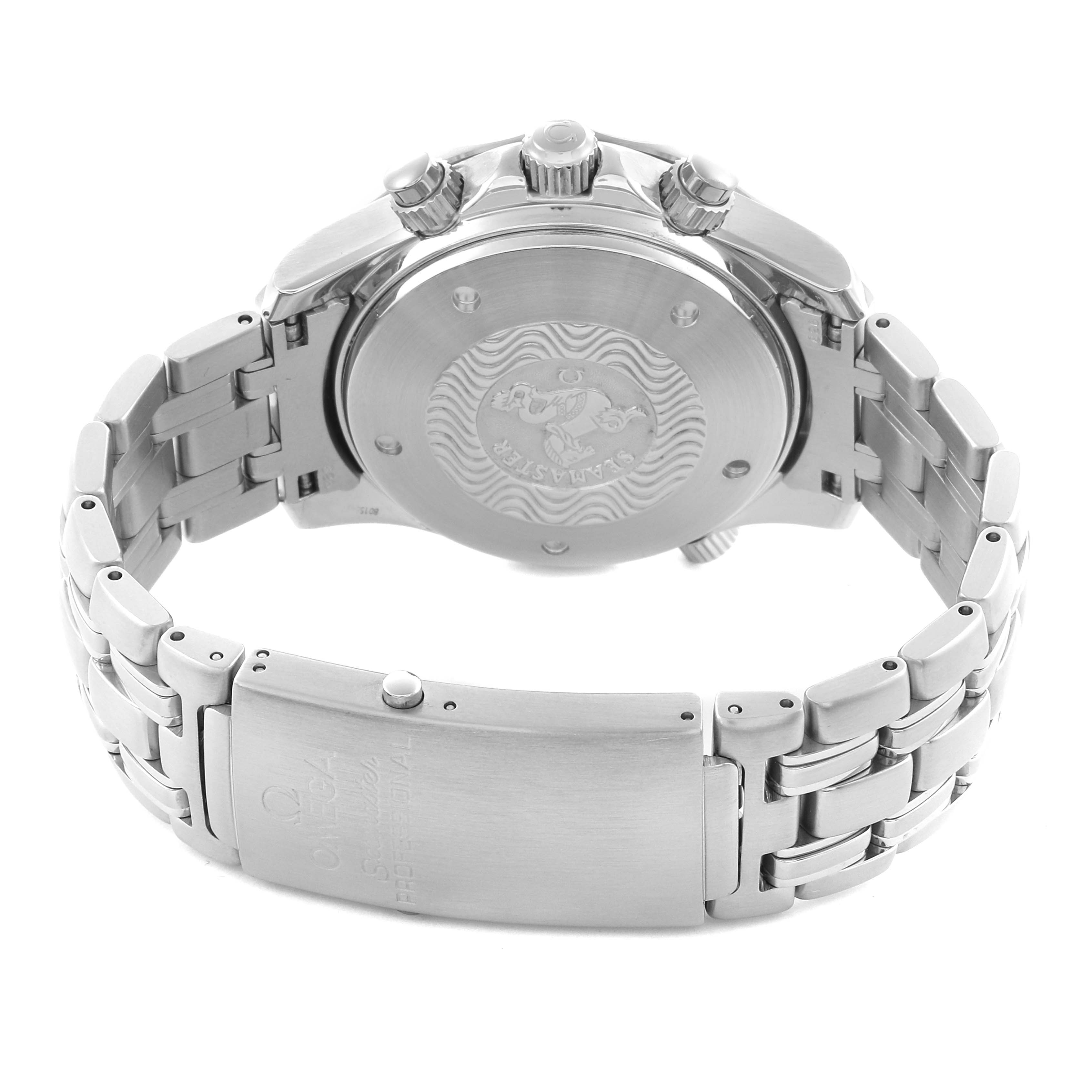 The Omega Seamaster 2298.80.00 Men
s Stainless Steel Blue Dial 2298.80.00 Men
s Stainless Steel Blue Dial watch is shown from a rear angle, highlighting the case back, crown, and stainless steel bracelet with clasp.