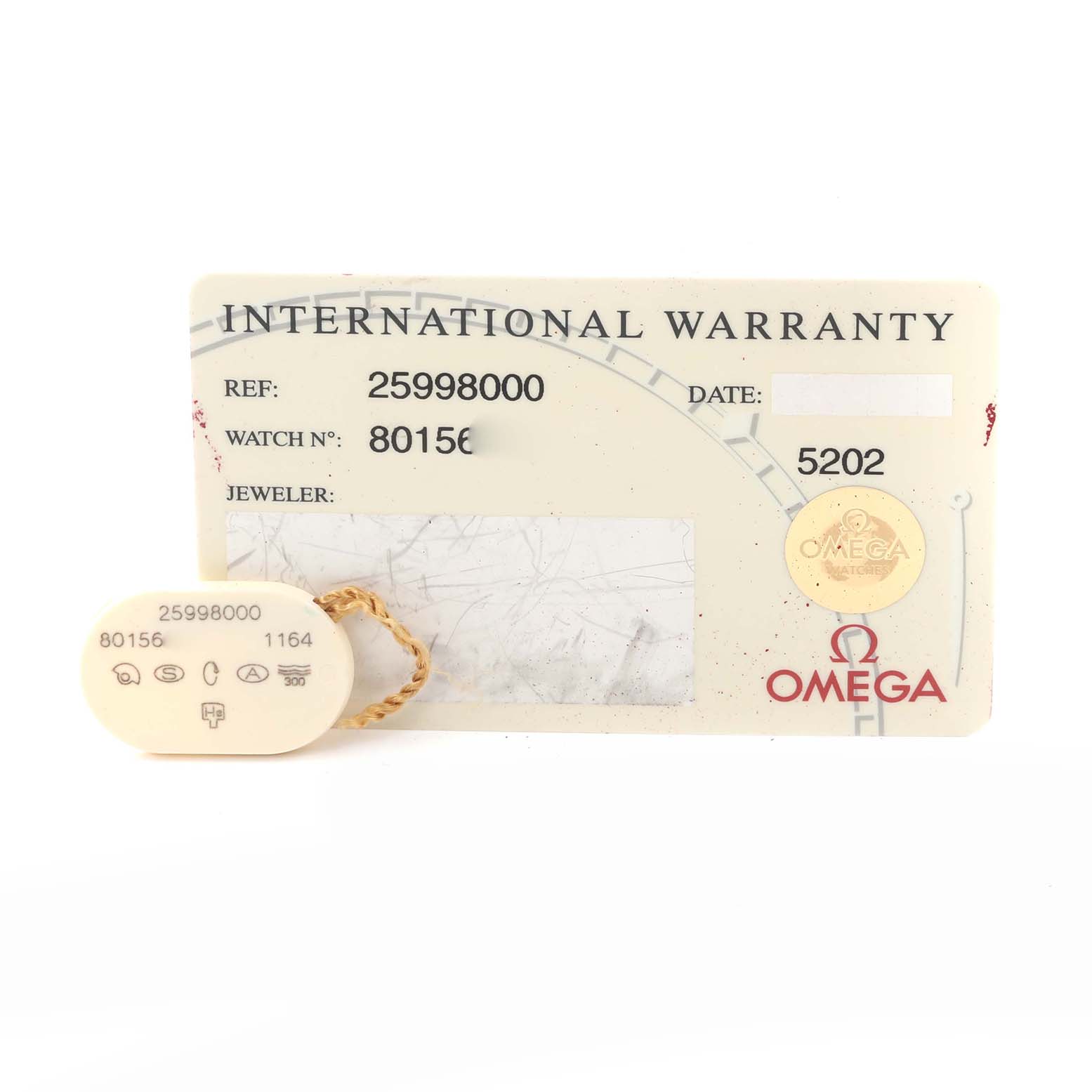 The image shows an Omega Seamaster 2298.80.00 Men
s Stainless Steel Blue Dial 2298.80.00 Men
s Stainless Steel Blue Dial
s international warranty card and a watch tag.