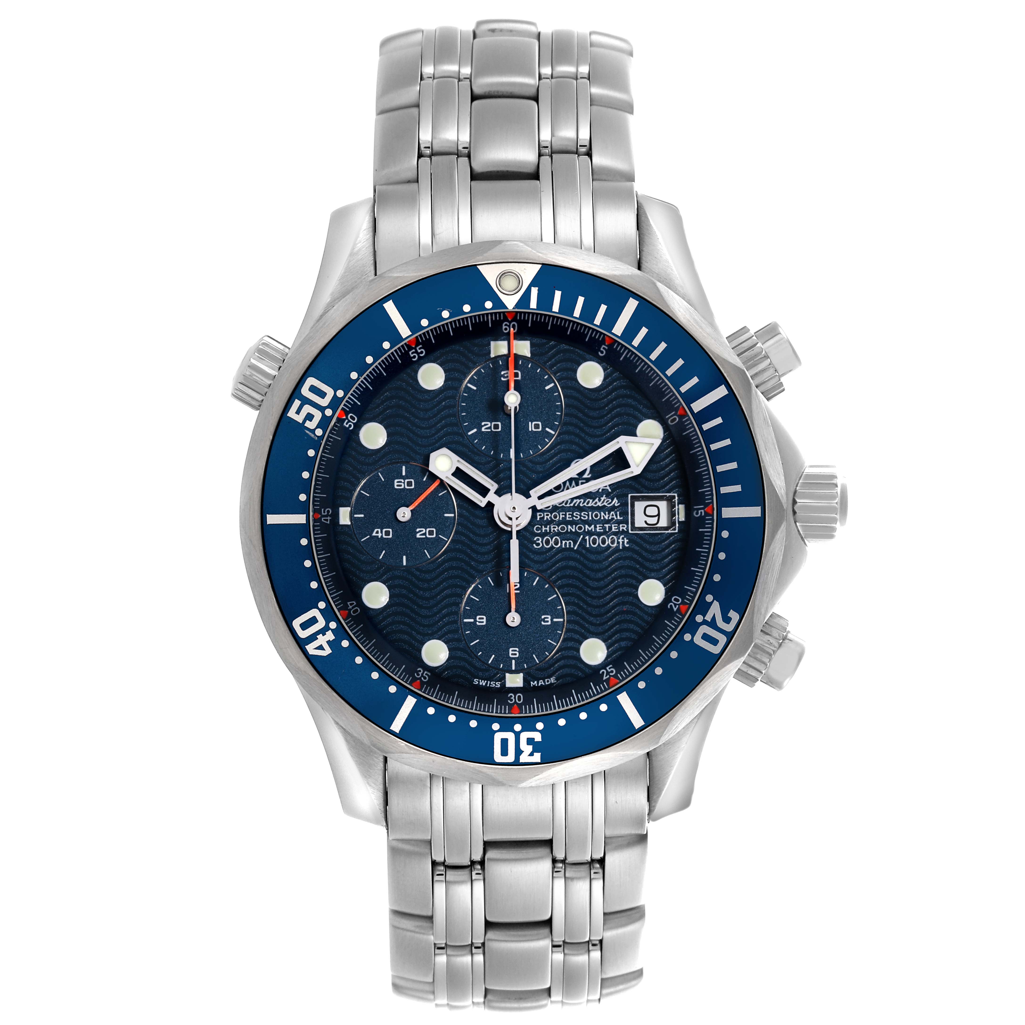 The Omega Seamaster 2298.80.00 Men
s Stainless Steel Blue Dial 2298.80.00 Men
s Stainless Steel Blue Dial watch is shown from a top view, highlighting its blue dial, bezel, chronograph subdials, and metal bracelet.
