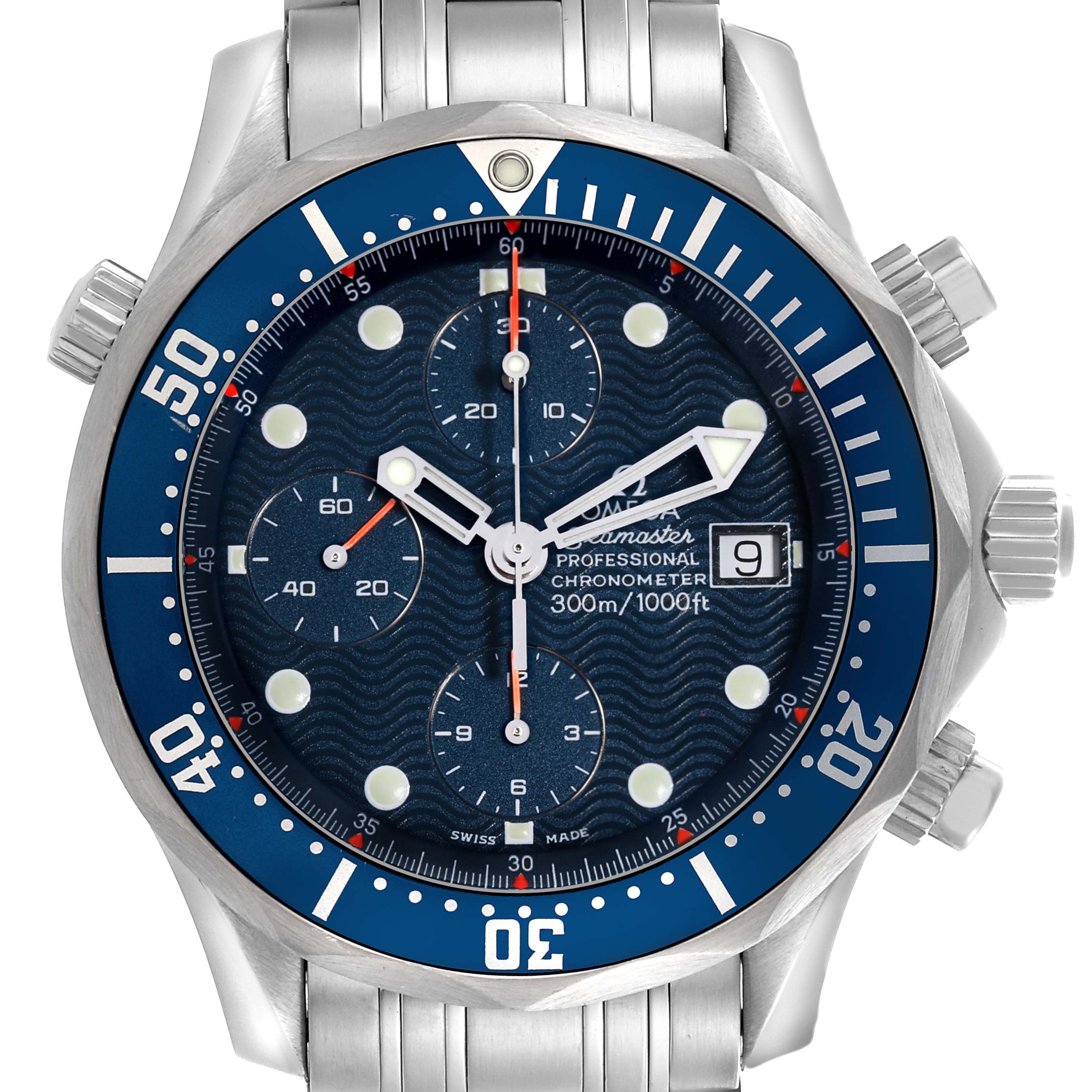The image shows a frontal view of the Omega Seamaster 2298.80.00 Men
s Stainless Steel Blue Dial 2298.80.00 Men
s Stainless Steel Blue Dial watch, highlighting the dial, bezel, crown, and pushers.