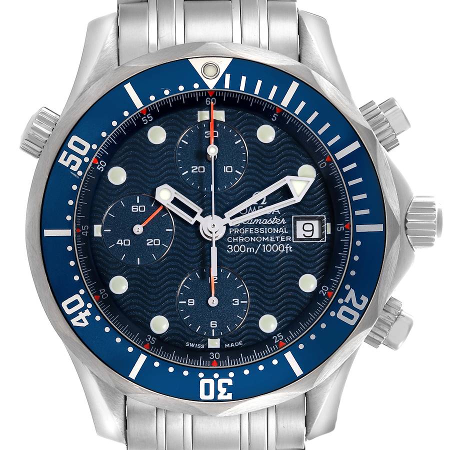 The image shows a frontal view of the Omega Seamaster watch, highlighting the dial, bezel, crown, and pushers.