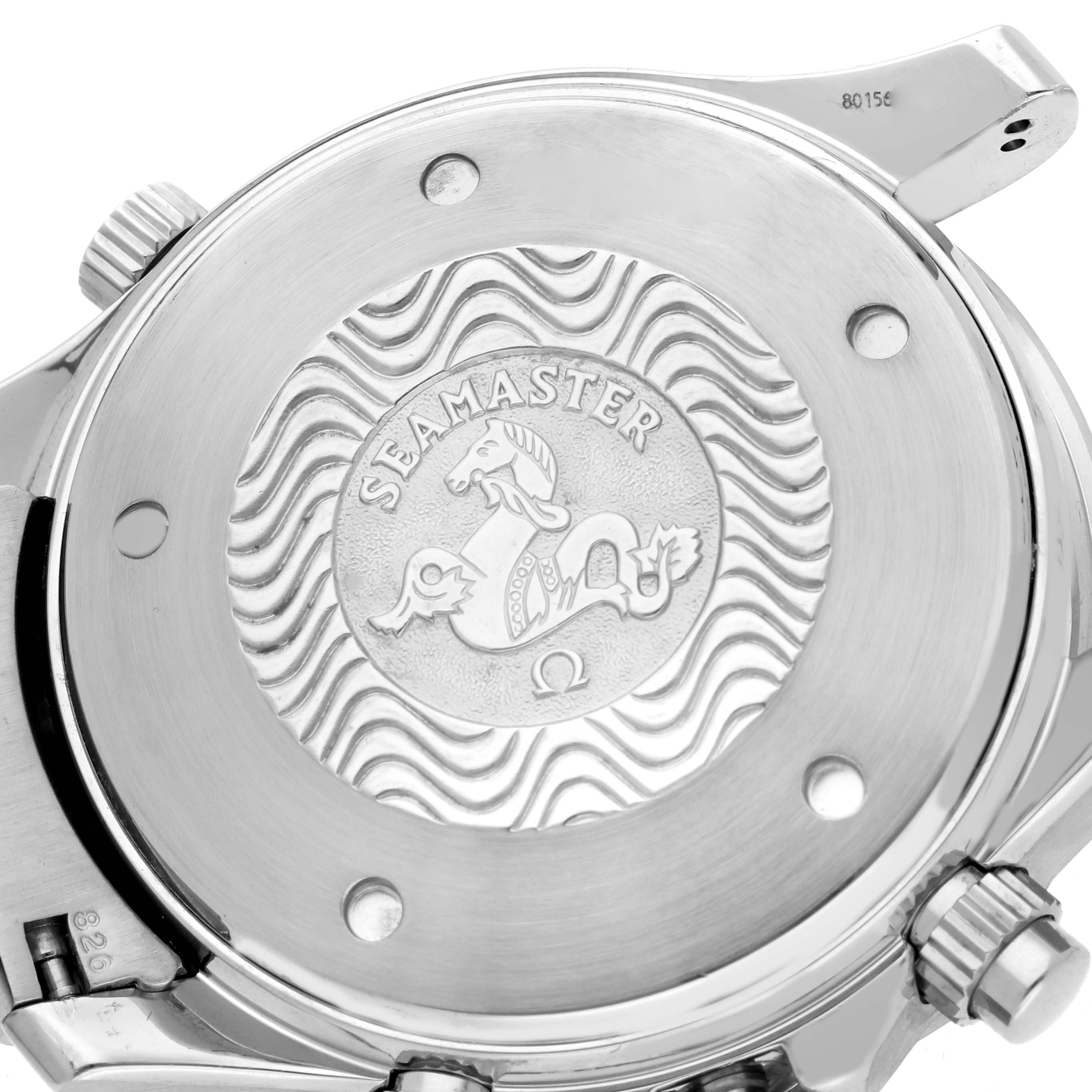 The image shows the back case of an Omega Seamaster 2298.80.00 Men
s Stainless Steel Blue Dial 2298.80.00 Men
s Stainless Steel Blue Dial watch, featuring the engraved logo and wave pattern design.