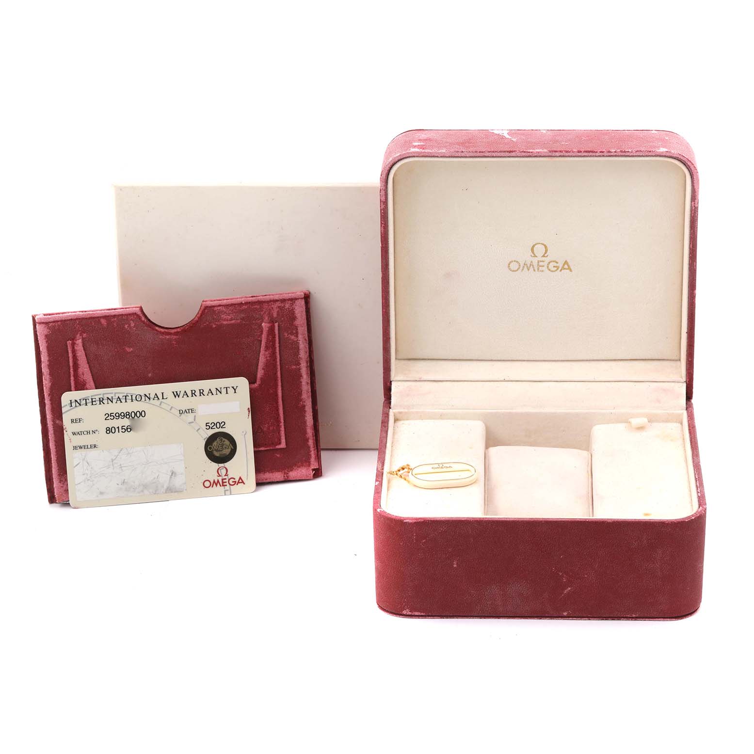 The image shows an Omega Seamaster 2298.80.00 Men
s Stainless Steel Blue Dial 2298.80.00 Men
s Stainless Steel Blue Dial watch box, warranty card, and a red cardholder from a frontal angle.