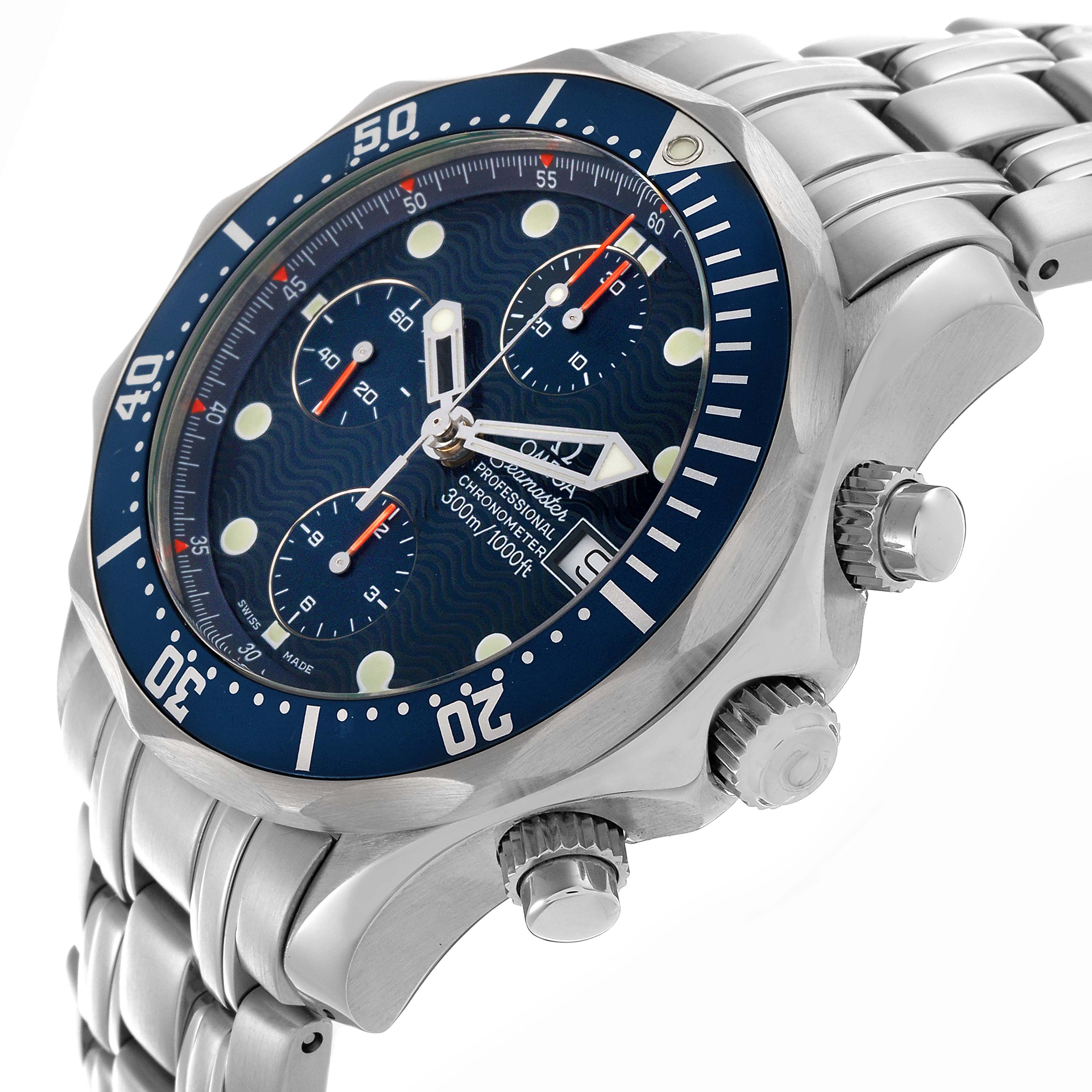 The image shows a side view of the Omega Seamaster 2298.80.00 Men
s Stainless Steel Blue Dial 2298.80.00 Men
s Stainless Steel Blue Dial, highlighting the bezel, dial, crown, and bracelet.