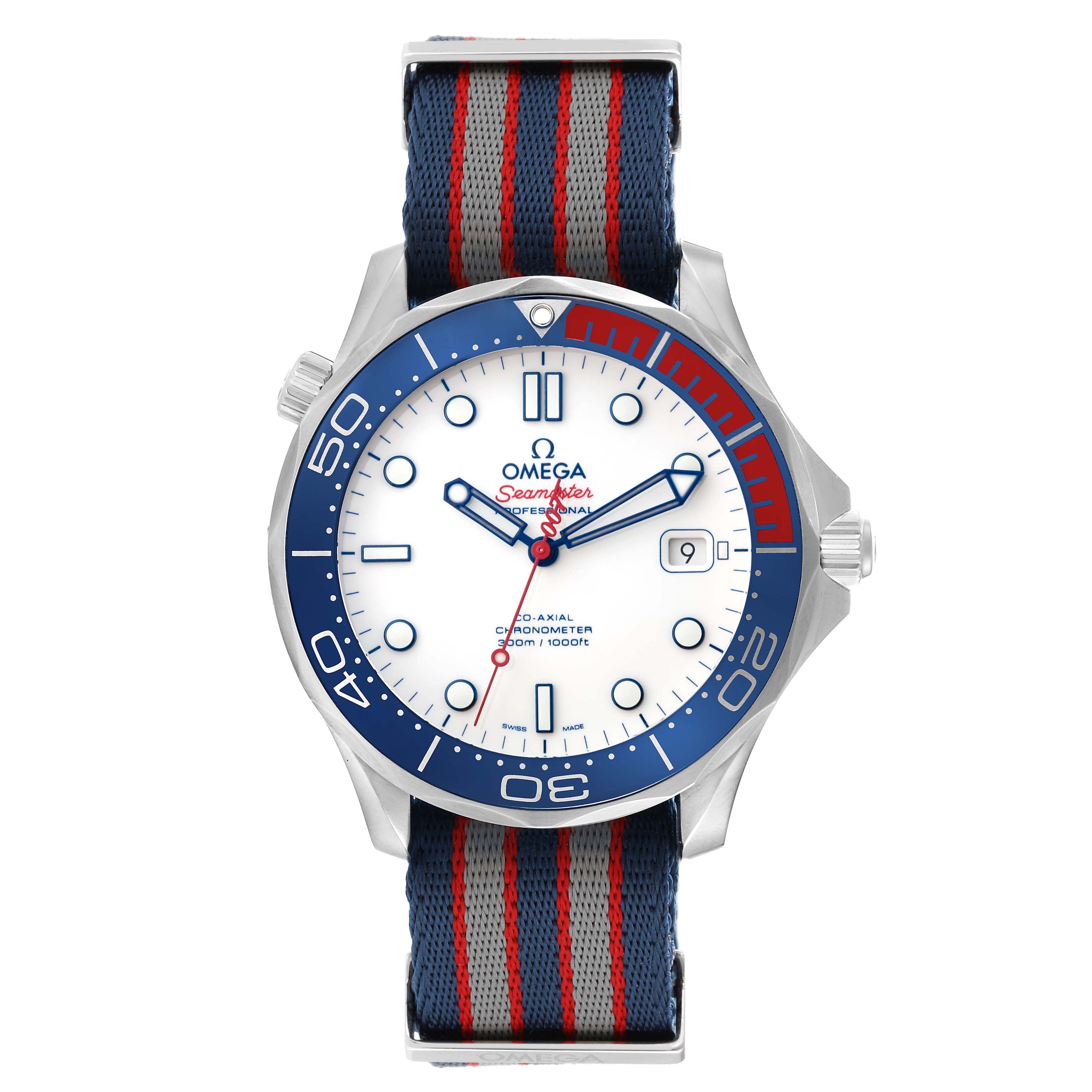 The Omega Seamaster 212.32.41.20.04.001 Men's Stainless Steel White Dial 212.32.41.20.04.001 Men's Stainless Steel White Dial watch is shown from a front angle, featuring its face, bezel, and striped NATO strap.