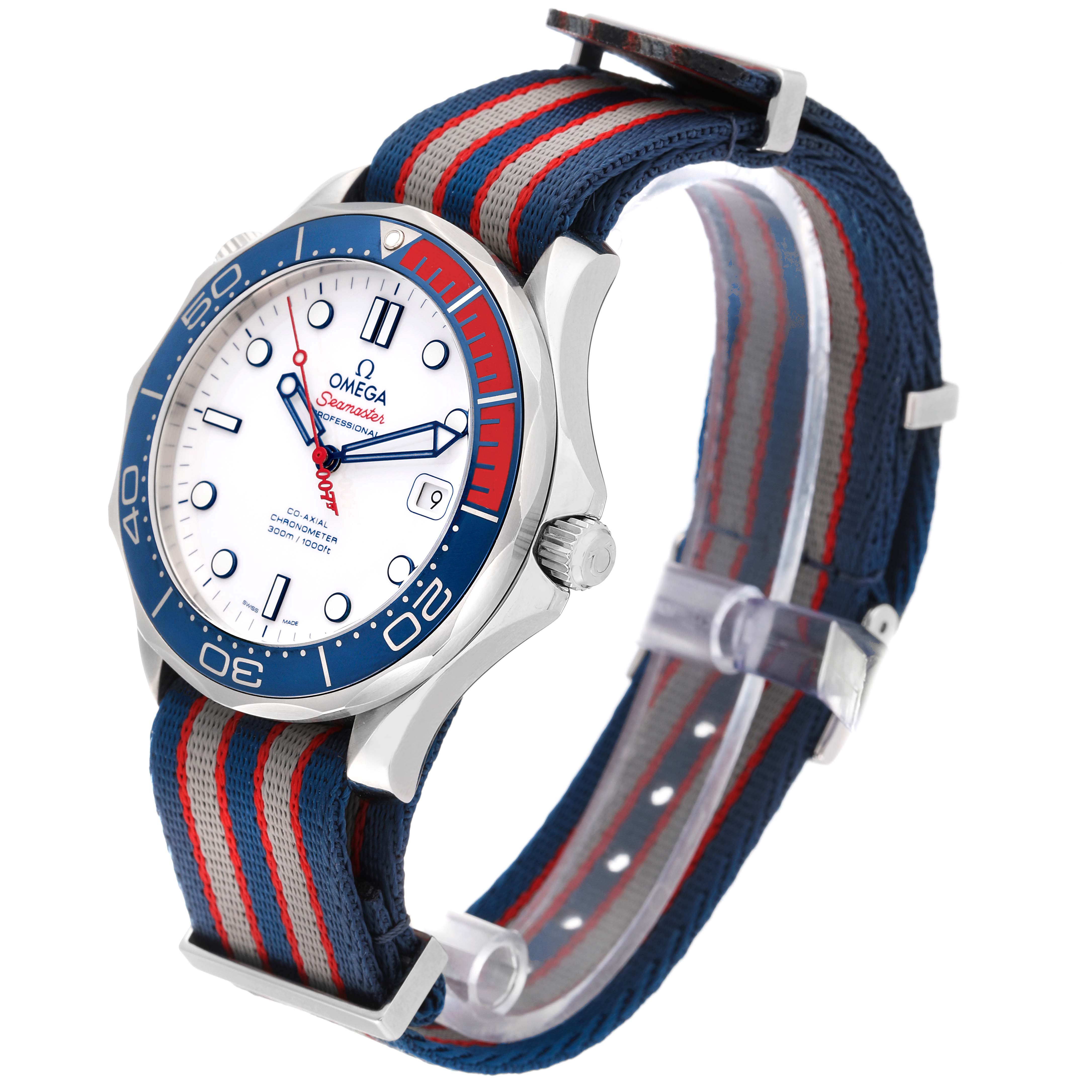 The Omega Seamaster 212.32.41.20.04.001 Men's Stainless Steel White Dial 212.32.41.20.04.001 Men's Stainless Steel White Dial watch is shown at a three-quarter angle, highlighting its bezel, face, and striped fabric strap.