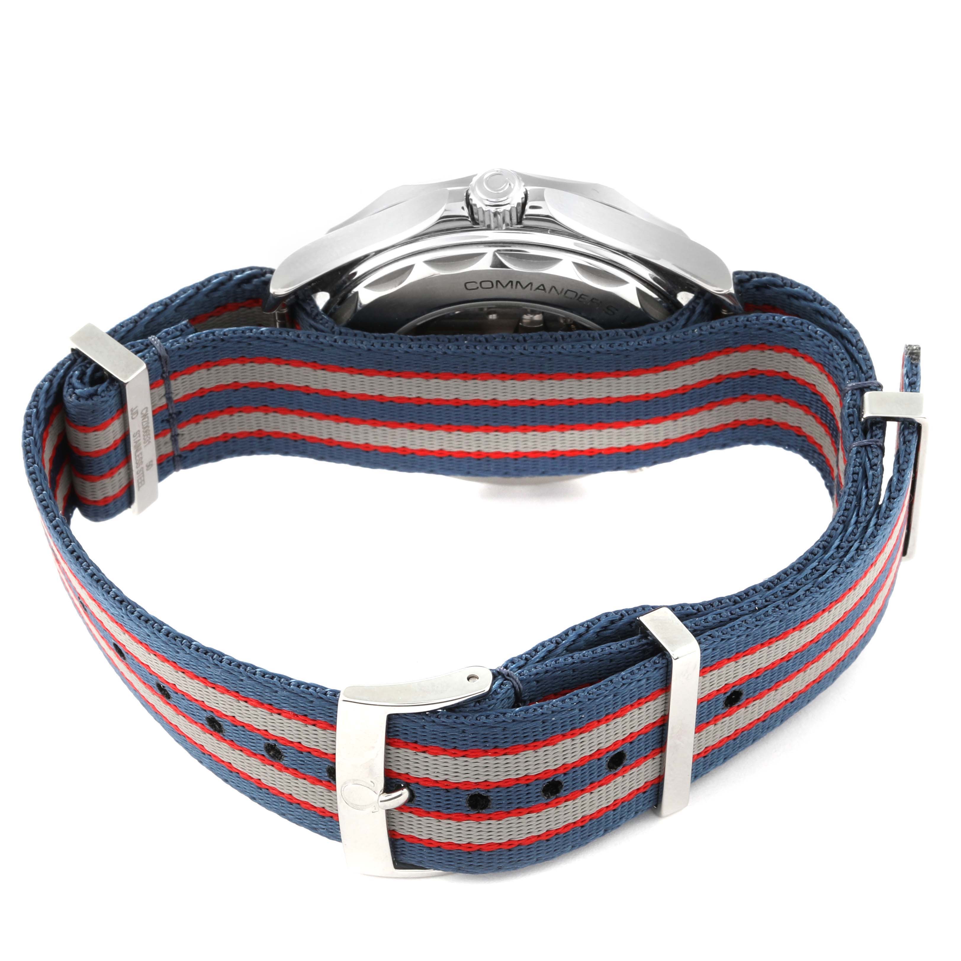 This image shows the Omega Seamaster 212.32.41.20.04.001 Men's Stainless Steel White Dial 212.32.41.20.04.001 Men's Stainless Steel White Dial watch from the side, with a focus on its case and multi-colored fabric strap.