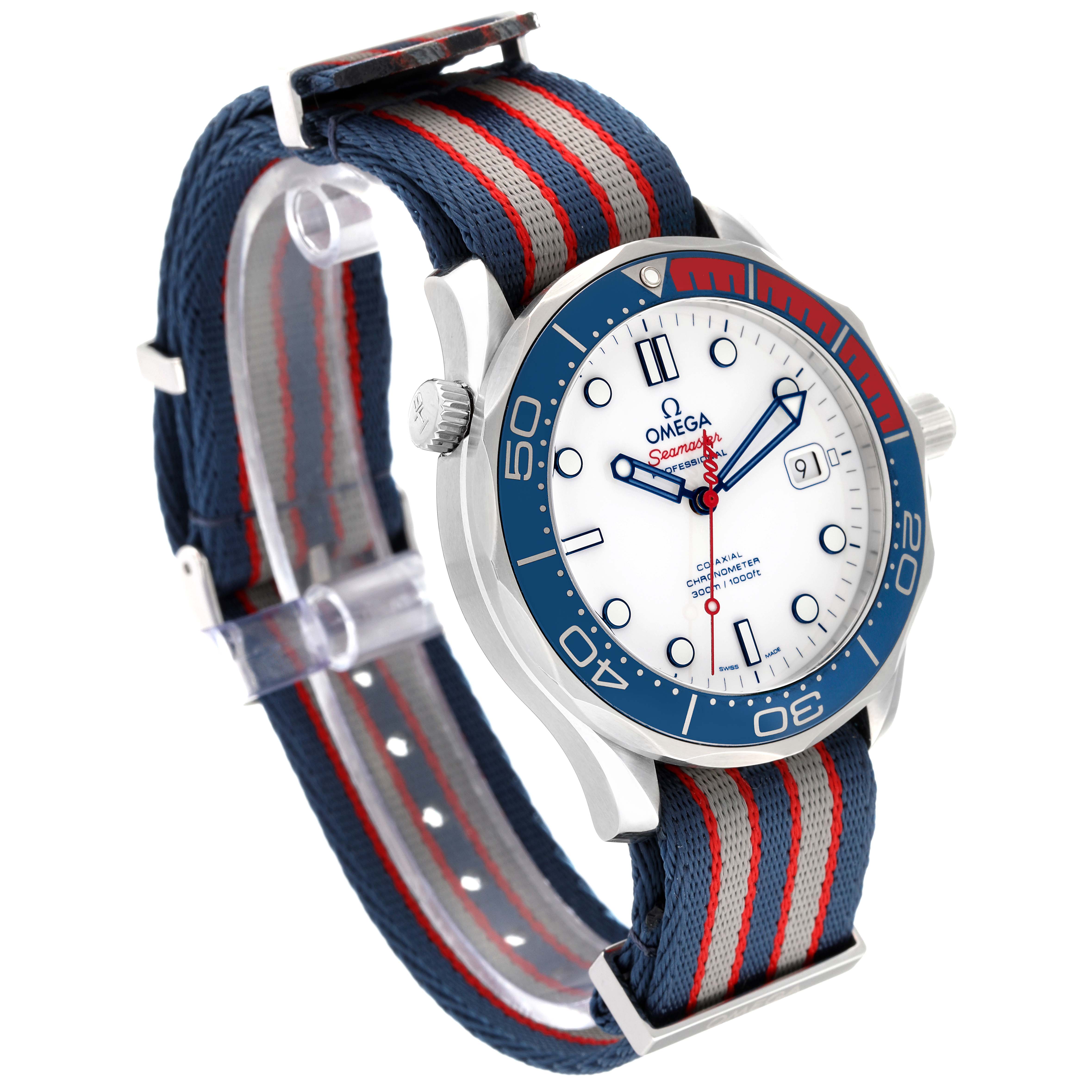 This Omega Seamaster 212.32.41.20.04.001 Men's Stainless Steel White Dial 212.32.41.20.04.001 Men's Stainless Steel White Dial watch is shown at a 3/4 angle, highlighting the face, bezel, crown, and striped NATO strap.