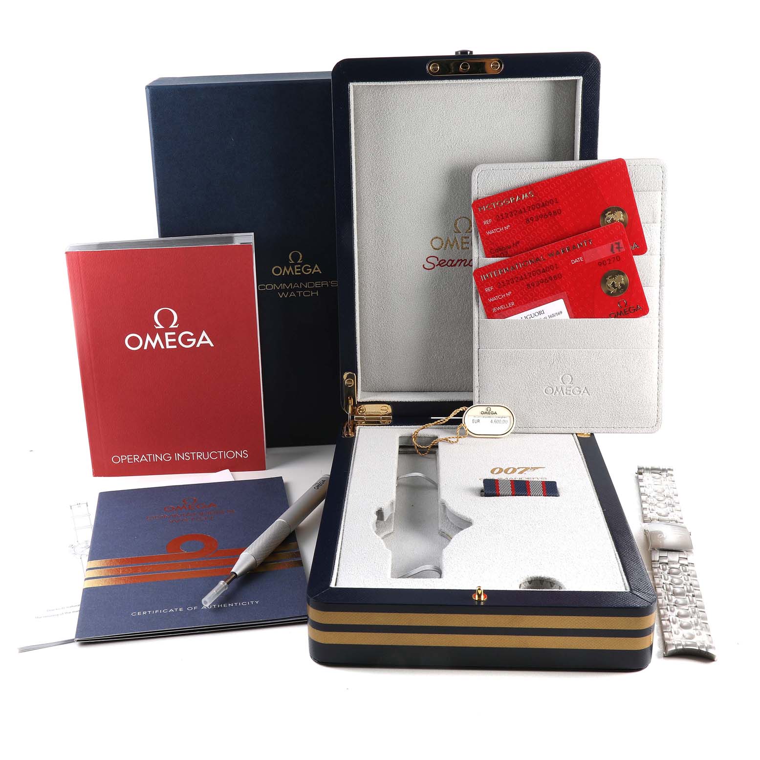 The image shows the packaging, manuals, cards, straps, and presentation case for an Omega Seamaster 212.32.41.20.04.001 Men's Stainless Steel White Dial 212.32.41.20.04.001 Men's Stainless Steel White Dial watch from a front angle.