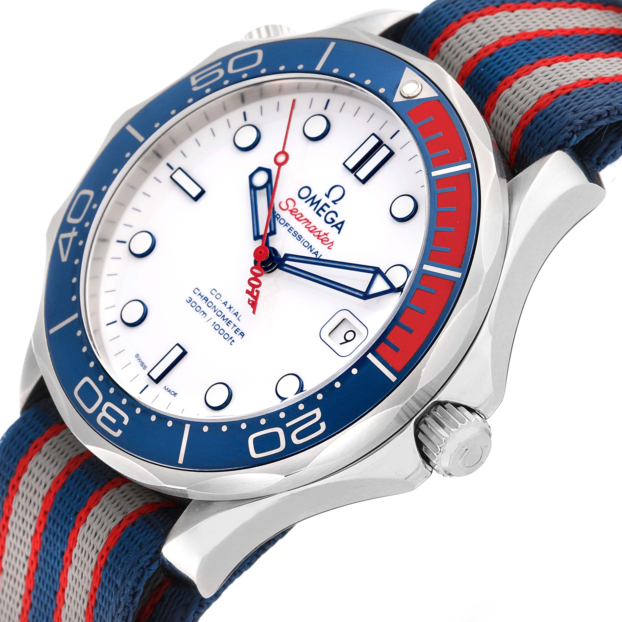 The Omega Seamaster 212.32.41.20.04.001 Men's Stainless Steel White Dial 212.32.41.20.04.001 Men's Stainless Steel White Dial watch is shown from a front angle, displaying the dial, bezel, crown, and NATO strap.