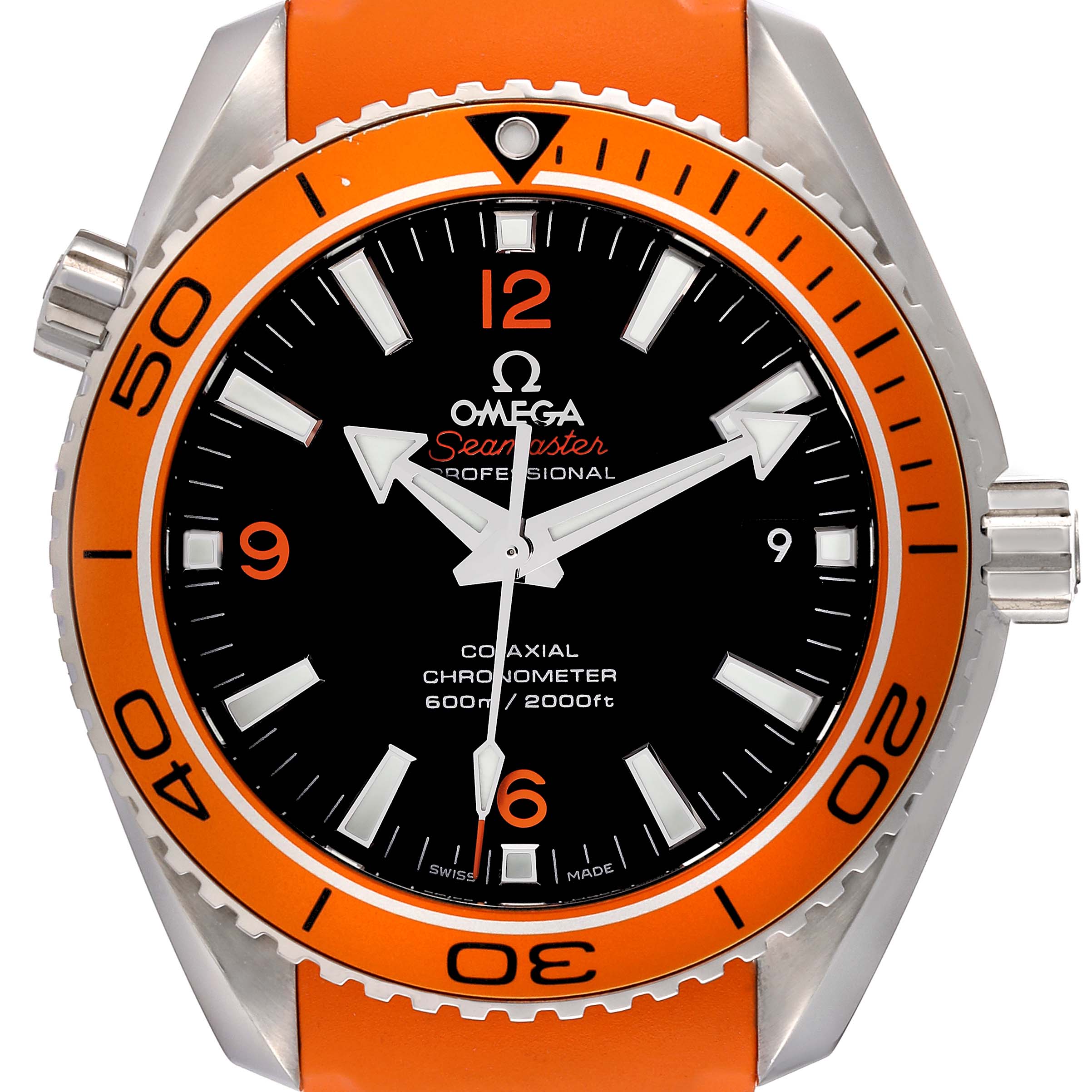 The image shows a frontal view of the Omega Planet Ocean 232.32.42.21.01.001 Men
s Stainless Steel Black Dial 232.32.42.21.01.001 Men
s Stainless Steel Black Dial model, highlighting its black dial, orange bezel, and orange strap.