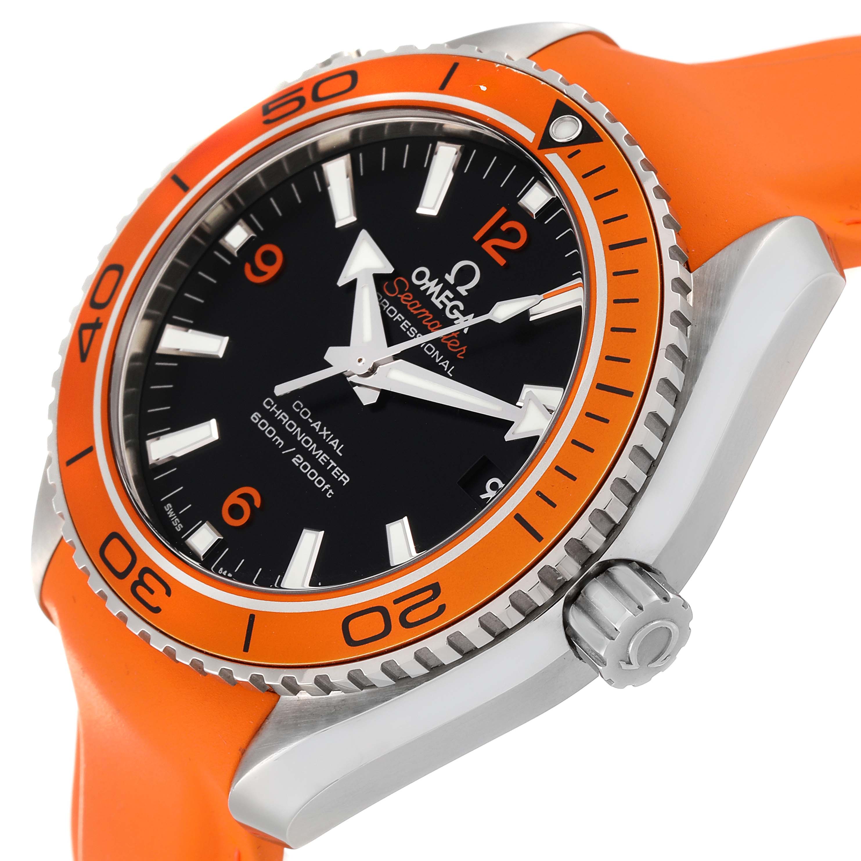 The image shows a side angle of the Omega Planet Ocean 232.32.42.21.01.001 Men
s Stainless Steel Black Dial 232.32.42.21.01.001 Men
s Stainless Steel Black Dial watch, highlighting the orange bezel, dial, and crown.