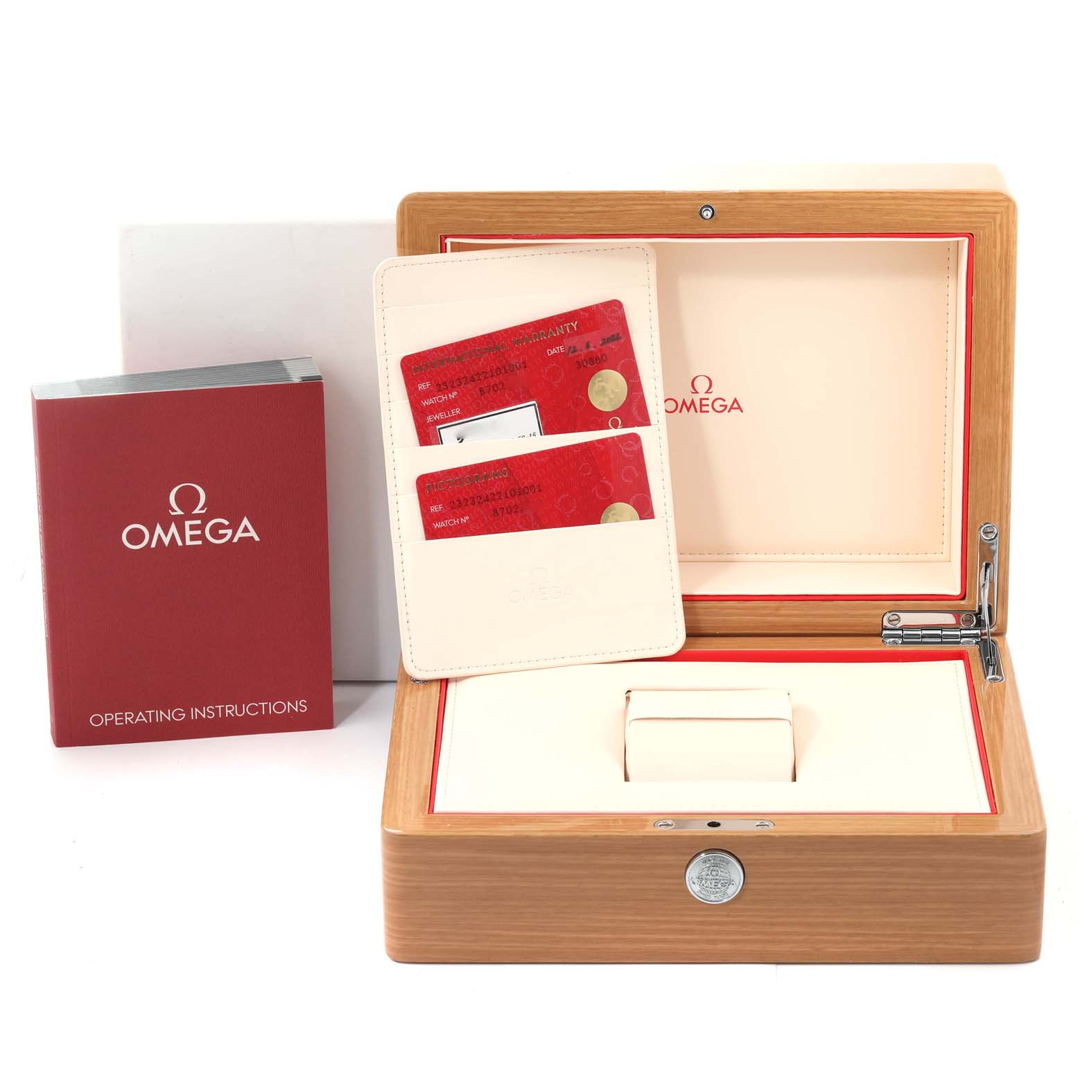 The image shows the packaging and accessories of an Omega Planet Ocean 232.32.42.21.01.001 Men
s Stainless Steel Black Dial 232.32.42.21.01.001 Men
s Stainless Steel Black Dial watch, including the watch box, Best Quality
ity cards, and instruction manual.