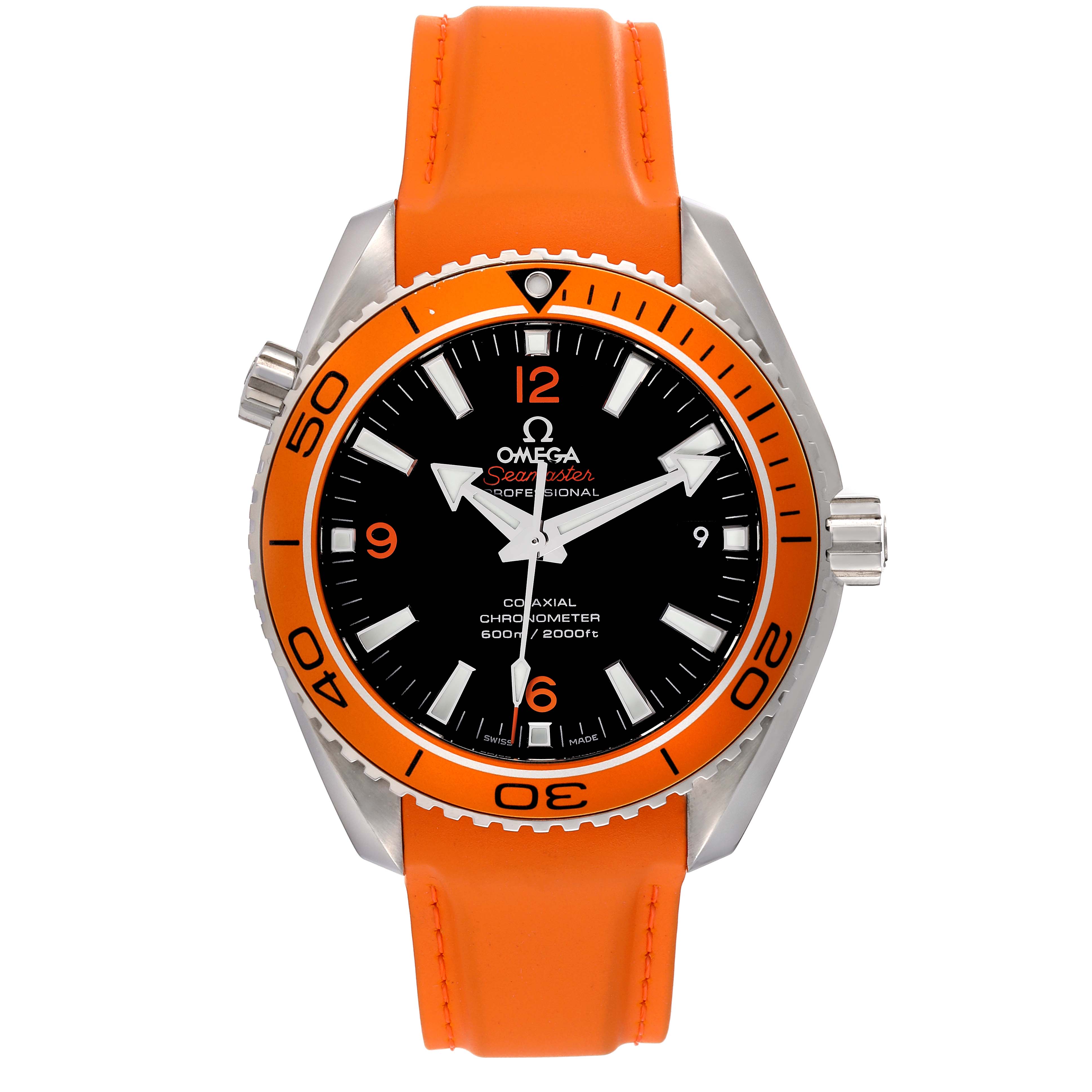 This image shows a front view of the Omega Planet Ocean 232.32.42.21.01.001 Men
s Stainless Steel Black Dial 232.32.42.21.01.001 Men
s Stainless Steel Black Dial model watch featuring an orange bezel and strap.