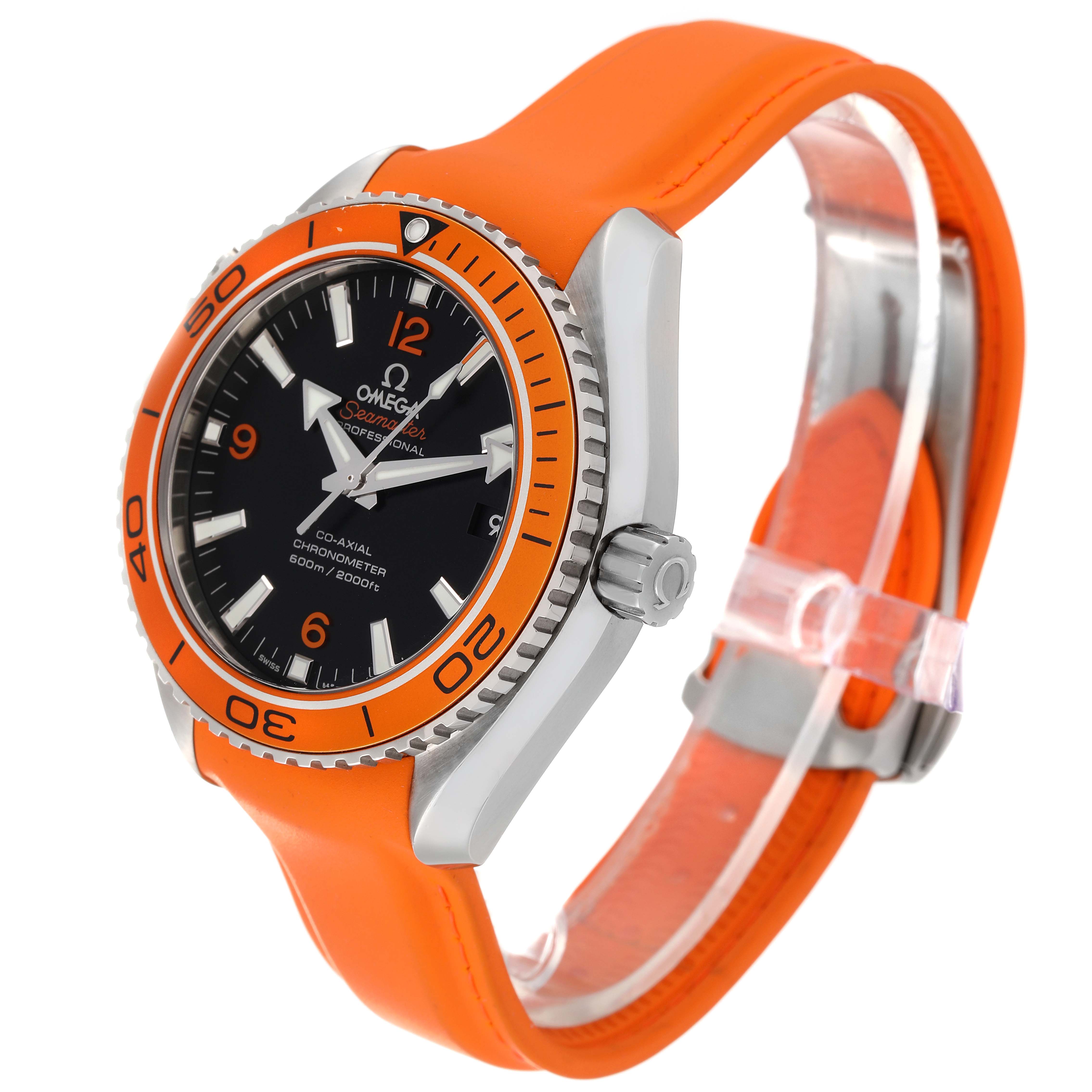 The Omega Planet Ocean 232.32.42.21.01.001 Men
s Stainless Steel Black Dial 232.32.42.21.01.001 Men
s Stainless Steel Black Dial model watch is shown at a three-quarter angle, displaying its orange bezel and strap.