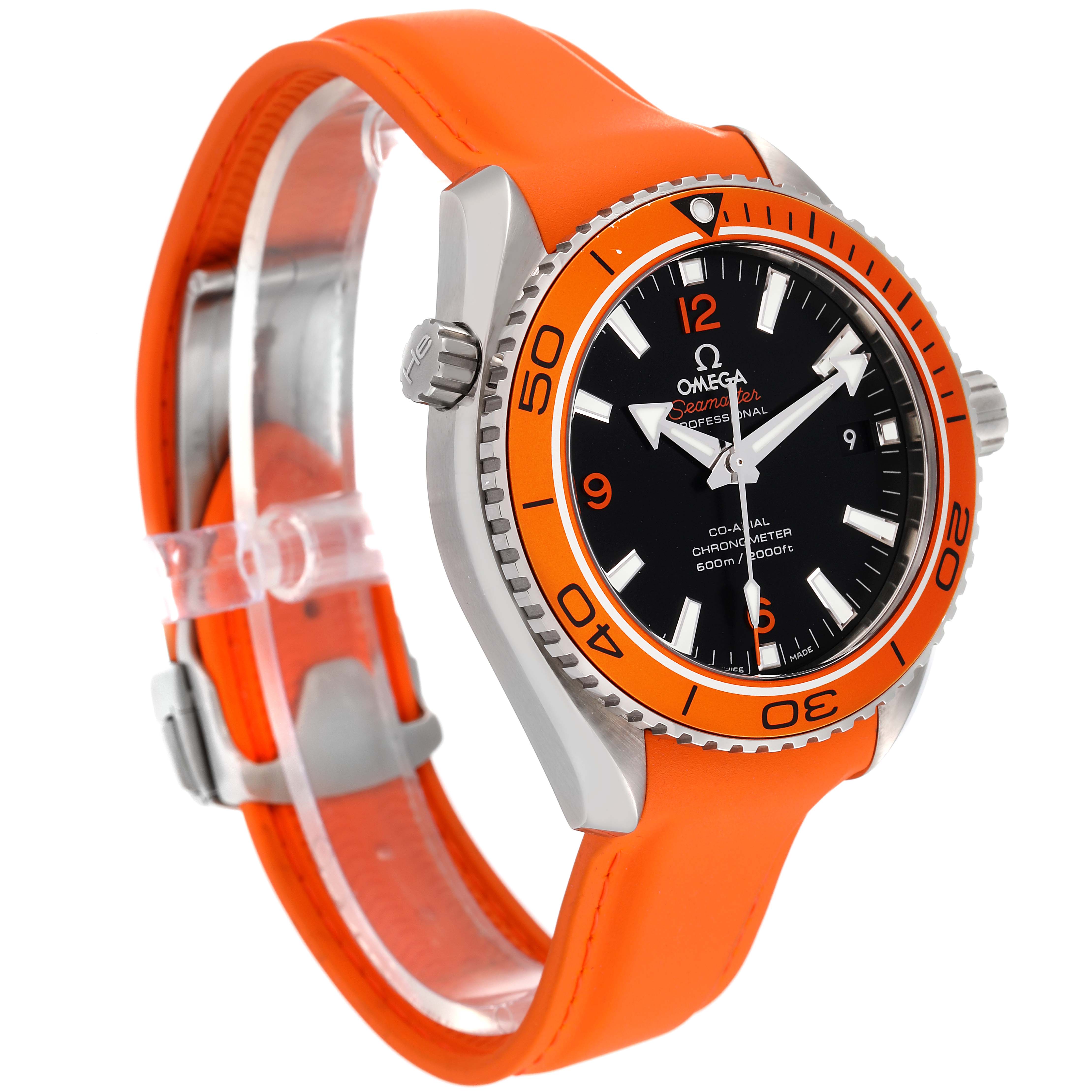 The image shows an angled view of the Omega Planet Ocean 232.32.42.21.01.001 Men
s Stainless Steel Black Dial 232.32.42.21.01.001 Men
s Stainless Steel Black Dial watch, highlighting the orange strap, bezel, and black dial.