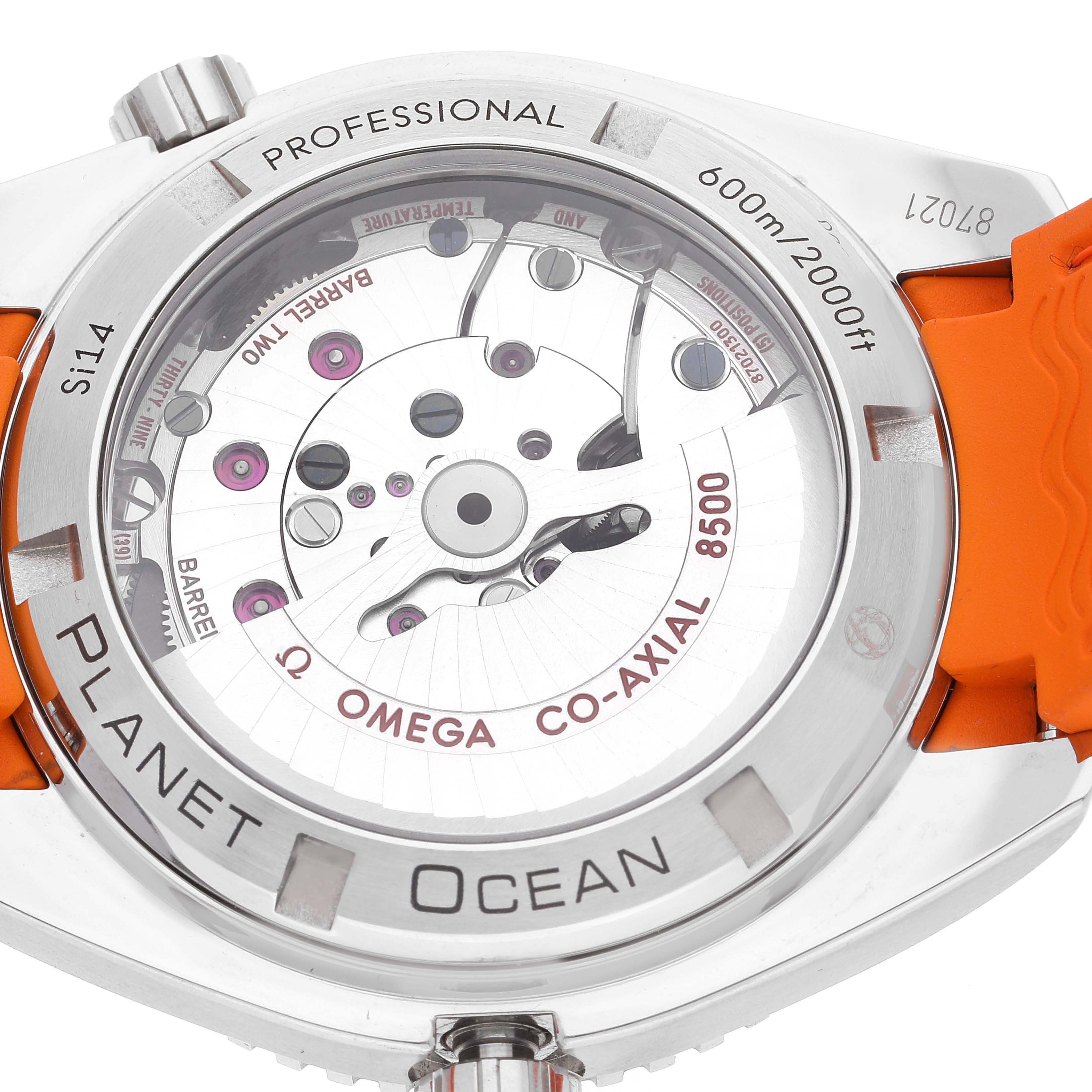 This image shows the back view of the Omega Planet Ocean 232.32.42.21.01.001 Men
s Stainless Steel Black Dial 232.32.42.21.01.001 Men
s Stainless Steel Black Dial watch, highlighting its movement and clear case back.