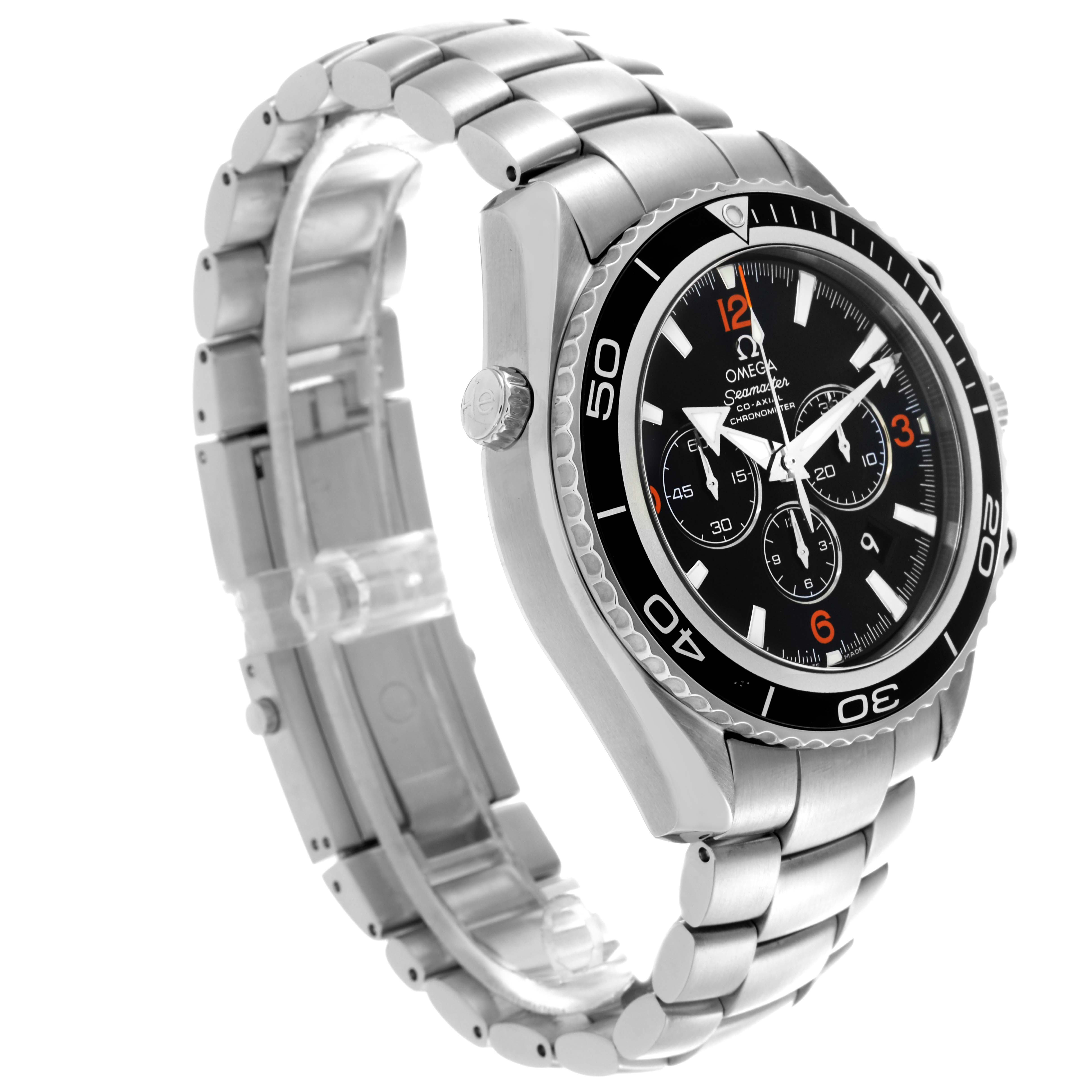 The Omega Planet Ocean 2210.51.00 Men's Stainless Steel Black Dial 2210.51.00 Men's Stainless Steel Black Dial watch is shown at a three-quarter angle, displaying the bezel, dial, crown, and stainless steel bracelet.