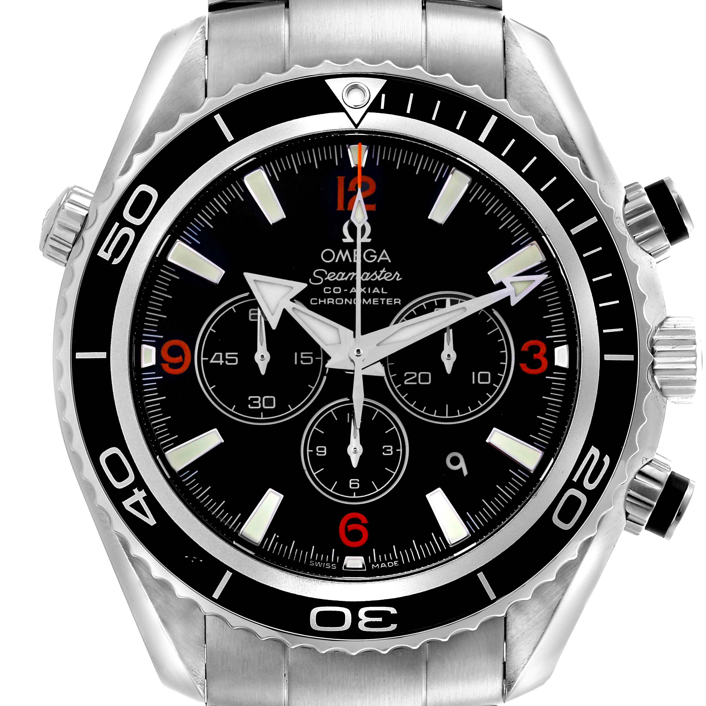 The Omega Planet Ocean 2210.51.00 Men's Stainless Steel Black Dial 2210.51.00 Men's Stainless Steel Black Dial watch is shown from the front, displaying the dial, bezel, crown, and pushers.