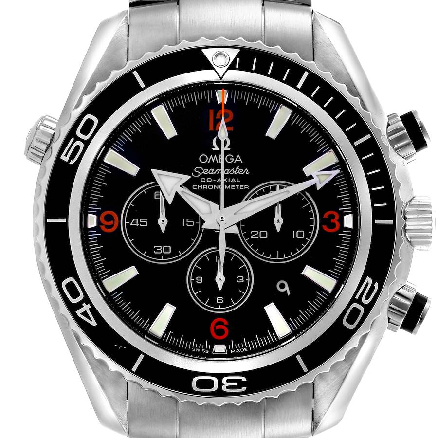 The Omega Planet Ocean watch is shown from the front, displaying the dial, bezel, crown, and pushers.