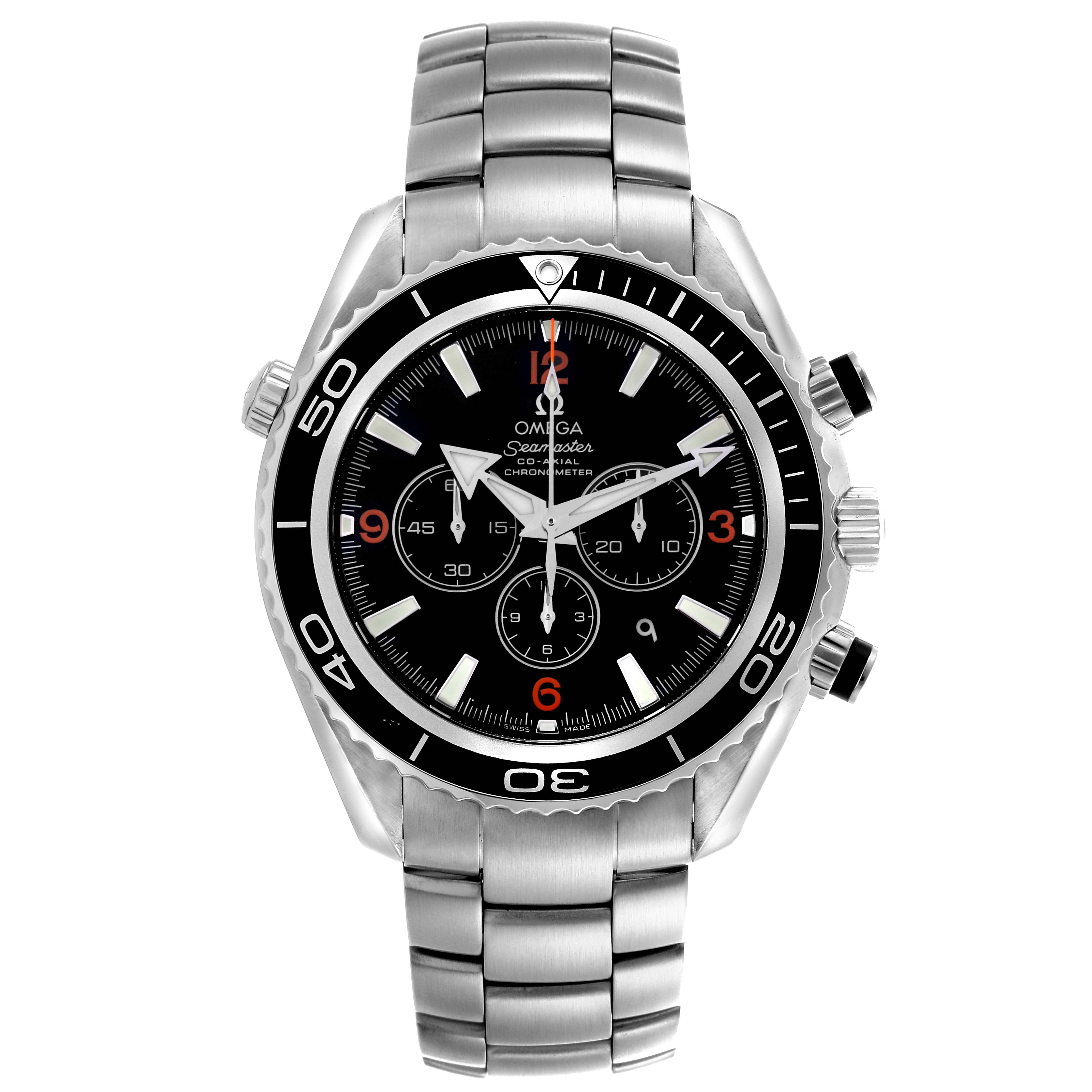 The Omega Planet Ocean 2210.51.00 Men's Stainless Steel Black Dial 2210.51.00 Men's Stainless Steel Black Dial watch is shown from a front angle, displaying the face, bezel, and metal bracelet.
