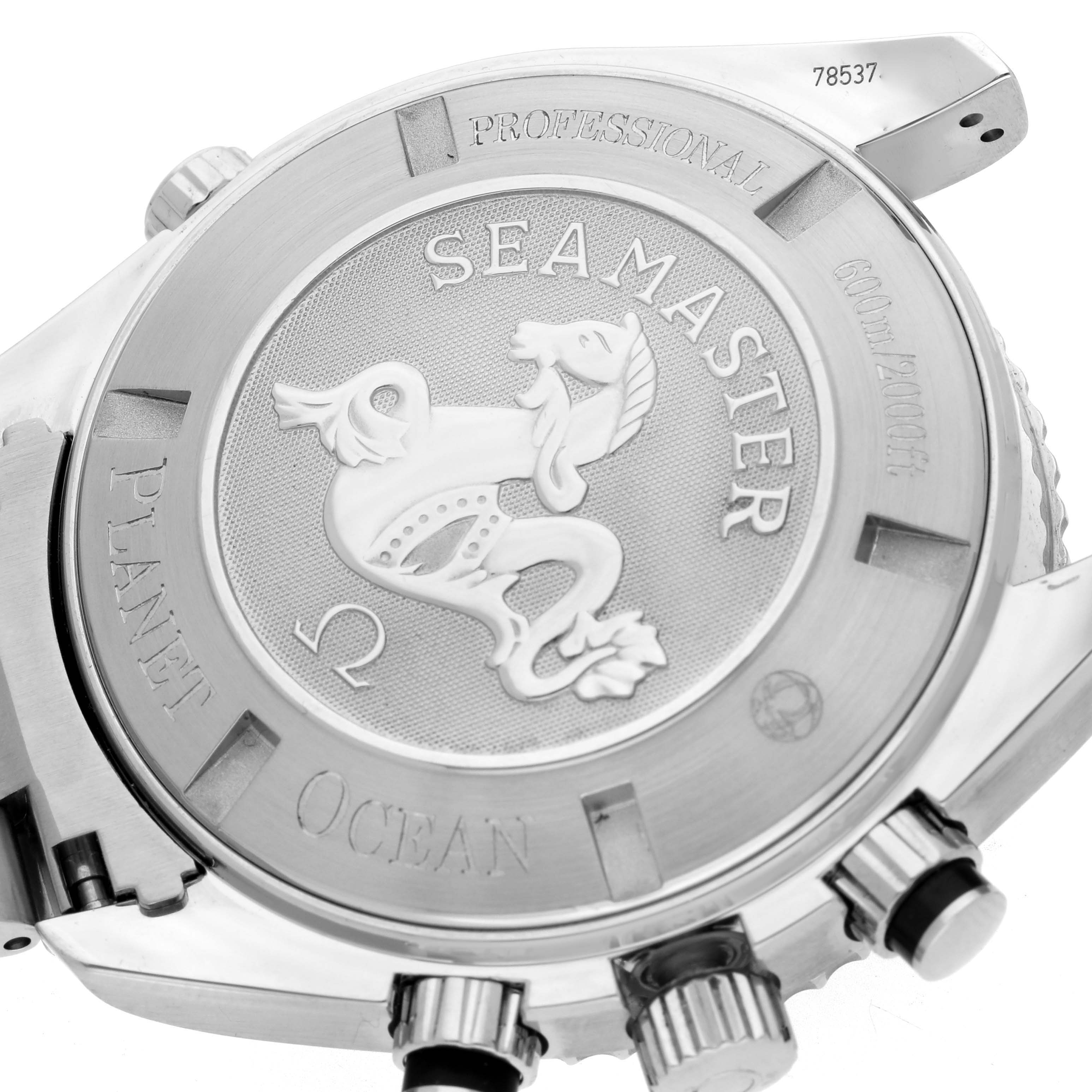 The image shows the back case of an Omega Planet Ocean 2210.51.00 Men's Stainless Steel Black Dial 2210.51.00 Men's Stainless Steel Black Dial watch with engravings and details.