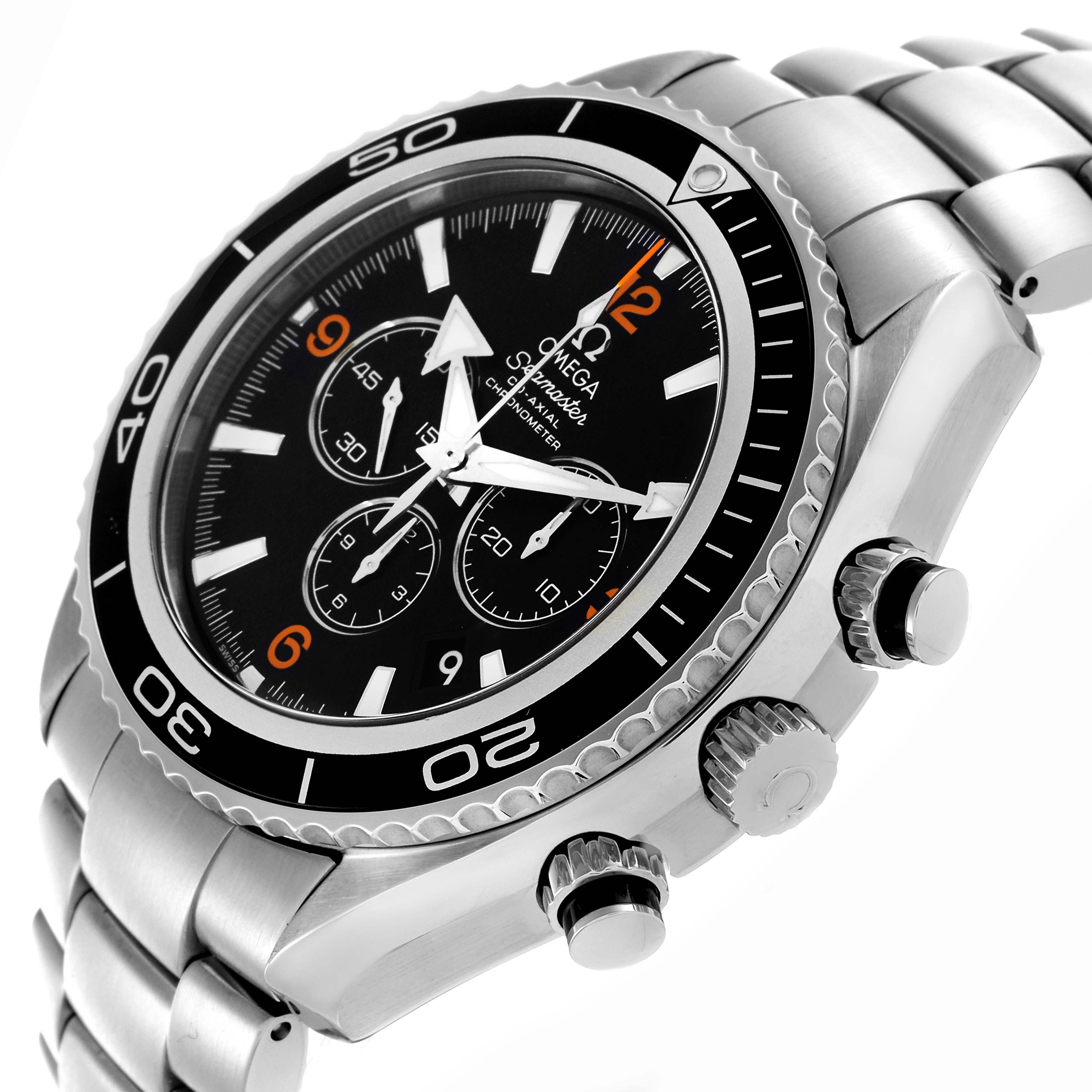The Omega Planet Ocean 2210.51.00 Men's Stainless Steel Black Dial 2210.51.00 Men's Stainless Steel Black Dial watch is shown at an angle, highlighting the bezel, dial, crown, and chronograph pushers.