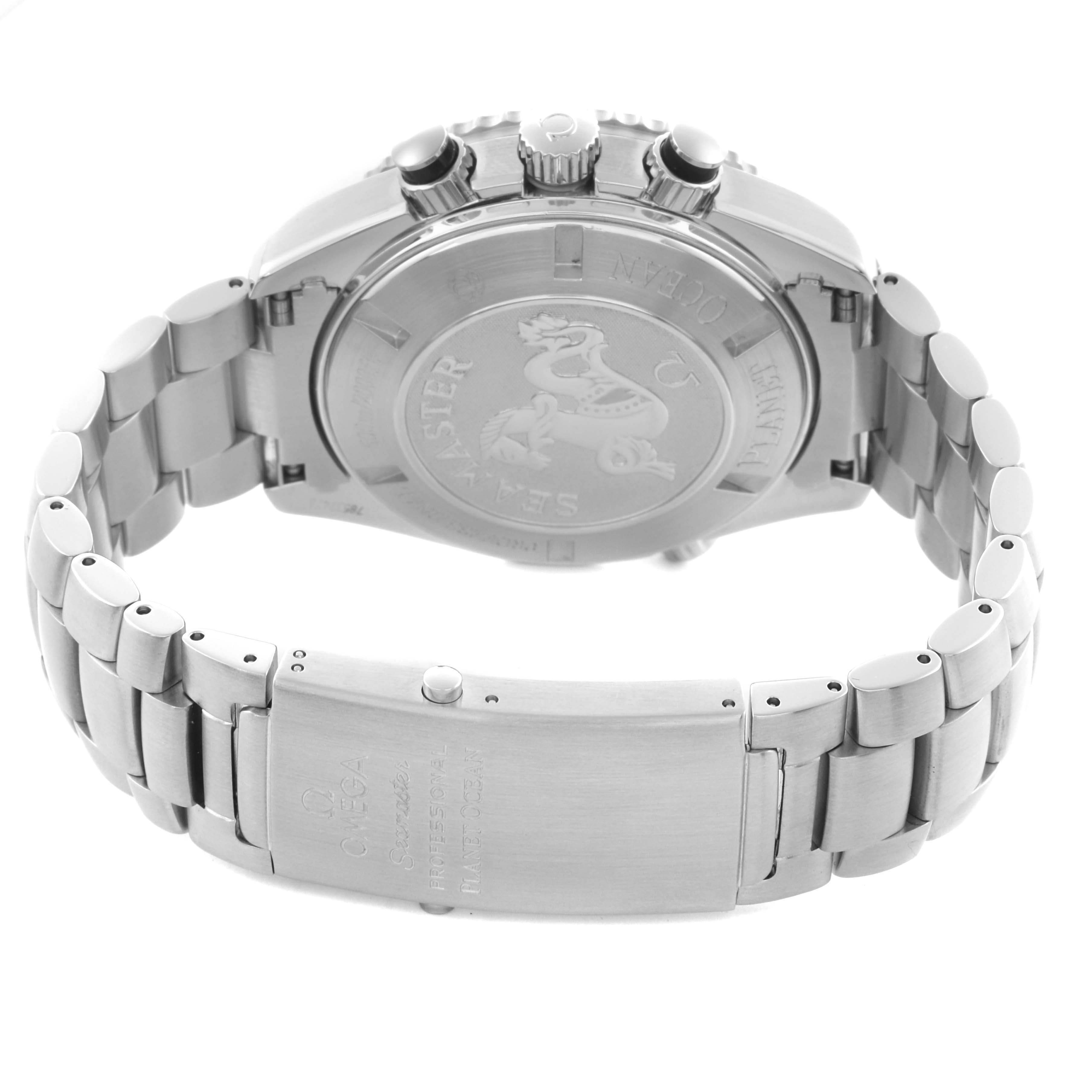 The image shows the back case, bracelet, and clasp of the Omega Planet Ocean 2210.51.00 Men's Stainless Steel Black Dial 2210.51.00 Men's Stainless Steel Black Dial watch from a rear angle.