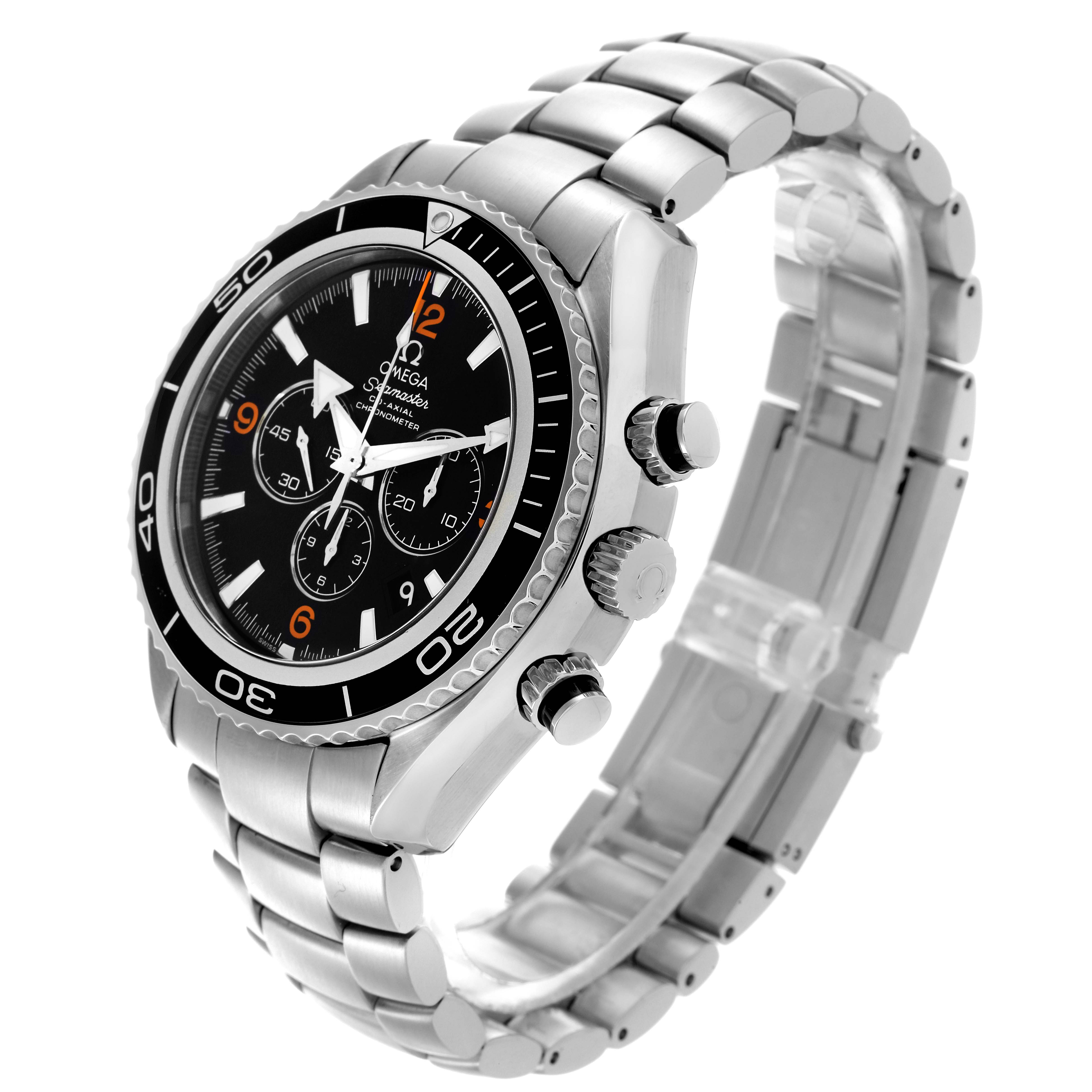 The Omega Planet Ocean 2210.51.00 Men's Stainless Steel Black Dial 2210.51.00 Men's Stainless Steel Black Dial watch is shown at a 3/4 angle, highlighting the bezel, dial, crown, pushers, and bracelet.