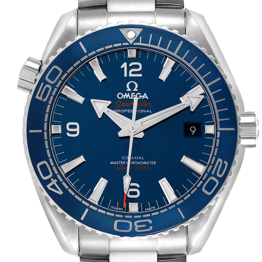 The Omega Planet Ocean watch is shown from the front, highlighting the dial, bezel, hands, and part of the bracelet.